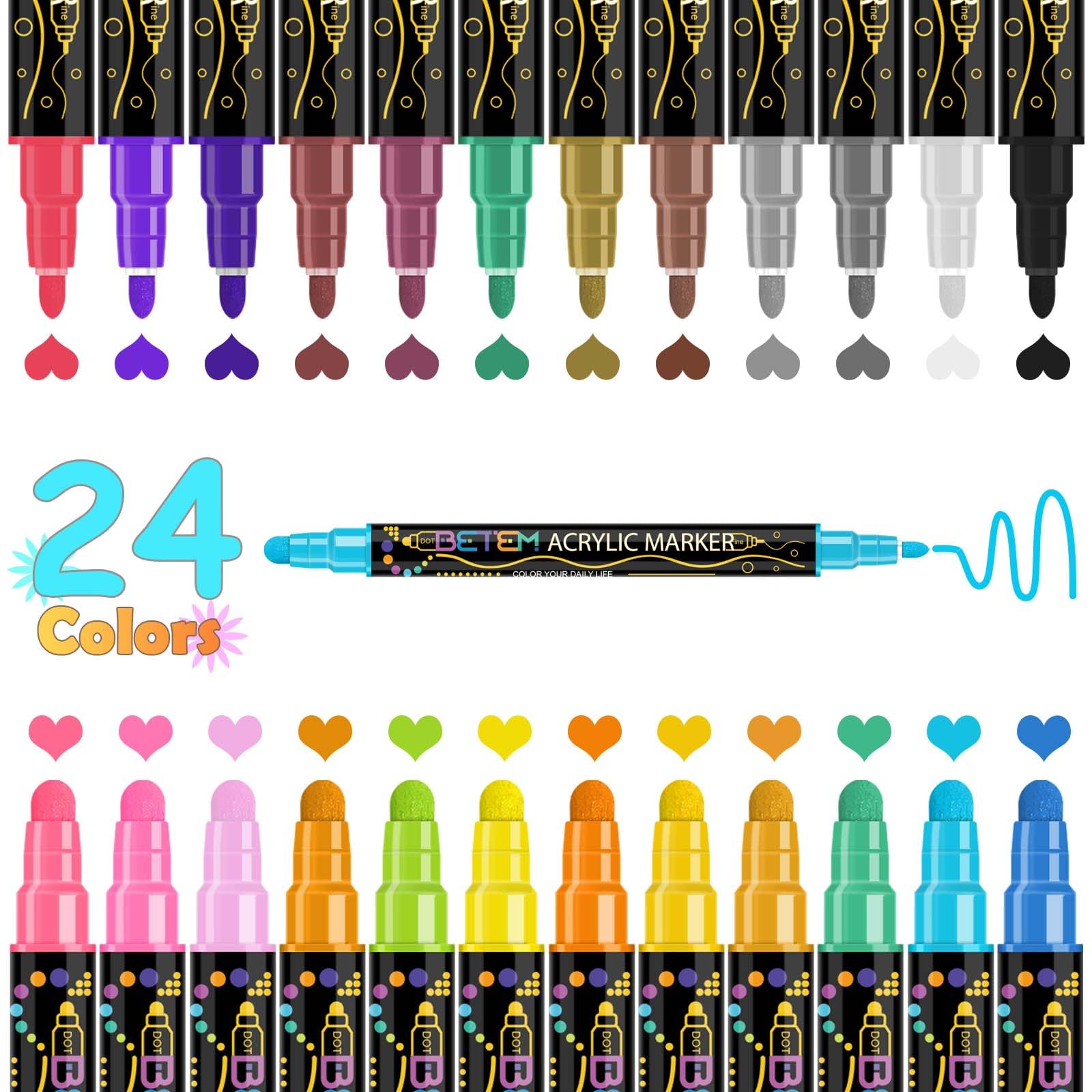 Betem 24 Colors Dual Tip Acrylic Paint Pens Markers, Premium Acrylic Paint Pens for Wood, Canvas, Stone, Rock Painting, Glass, Ceramic Surfaces, DIY Crafts Making Art Supplies