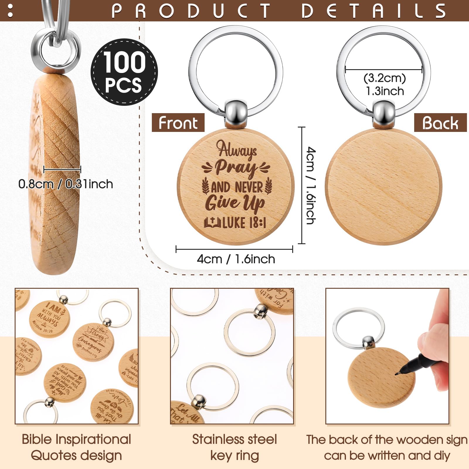 Chunful 100 Pcs Wooden Bible Inspirational Keychains Bulk Bible Verse Key Rings Religious Christian Keychains Rustic Engraving Thank Teacher Gift Graduation Gift for Women Men Students