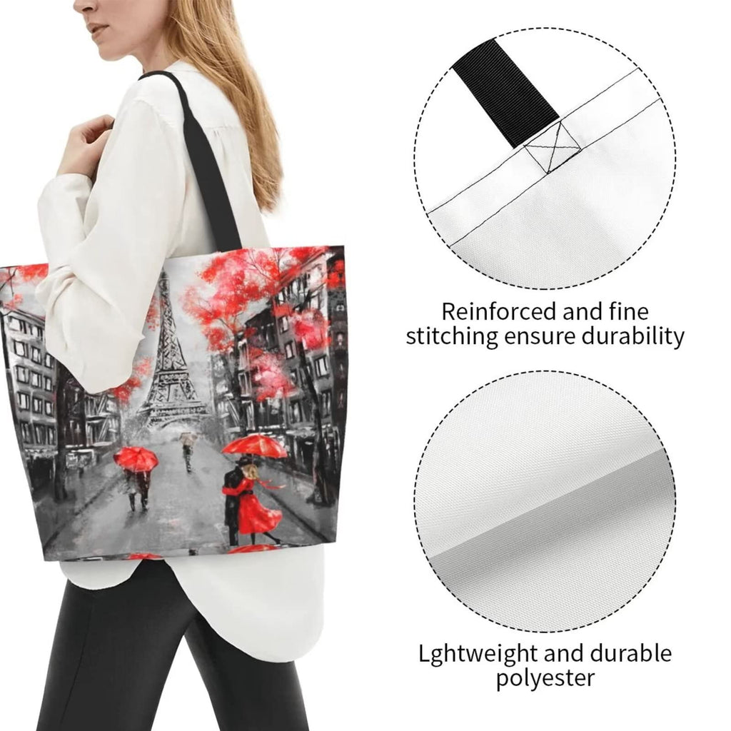 Romantic Eiffel Tower Grocery Bag French Tote Shopping Bag, Stylish Paris Street Gift Bag Paris Reusable Beach Bags Shoulder Bag Handbag