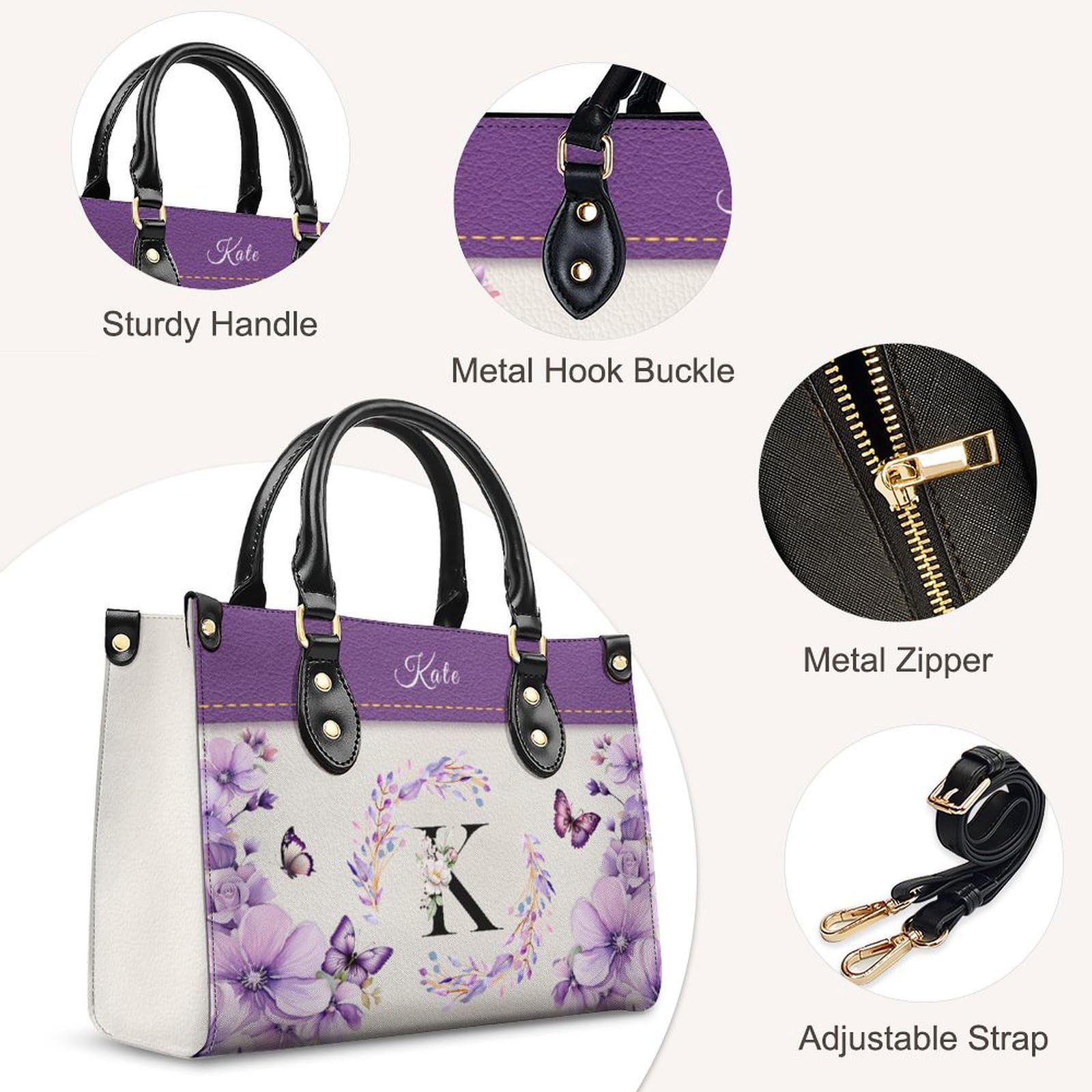 Personalized Monogrammed Womens Handbags - Medium Top-handle with Shoulder Strap - Aesthetic Handbag with Zipper