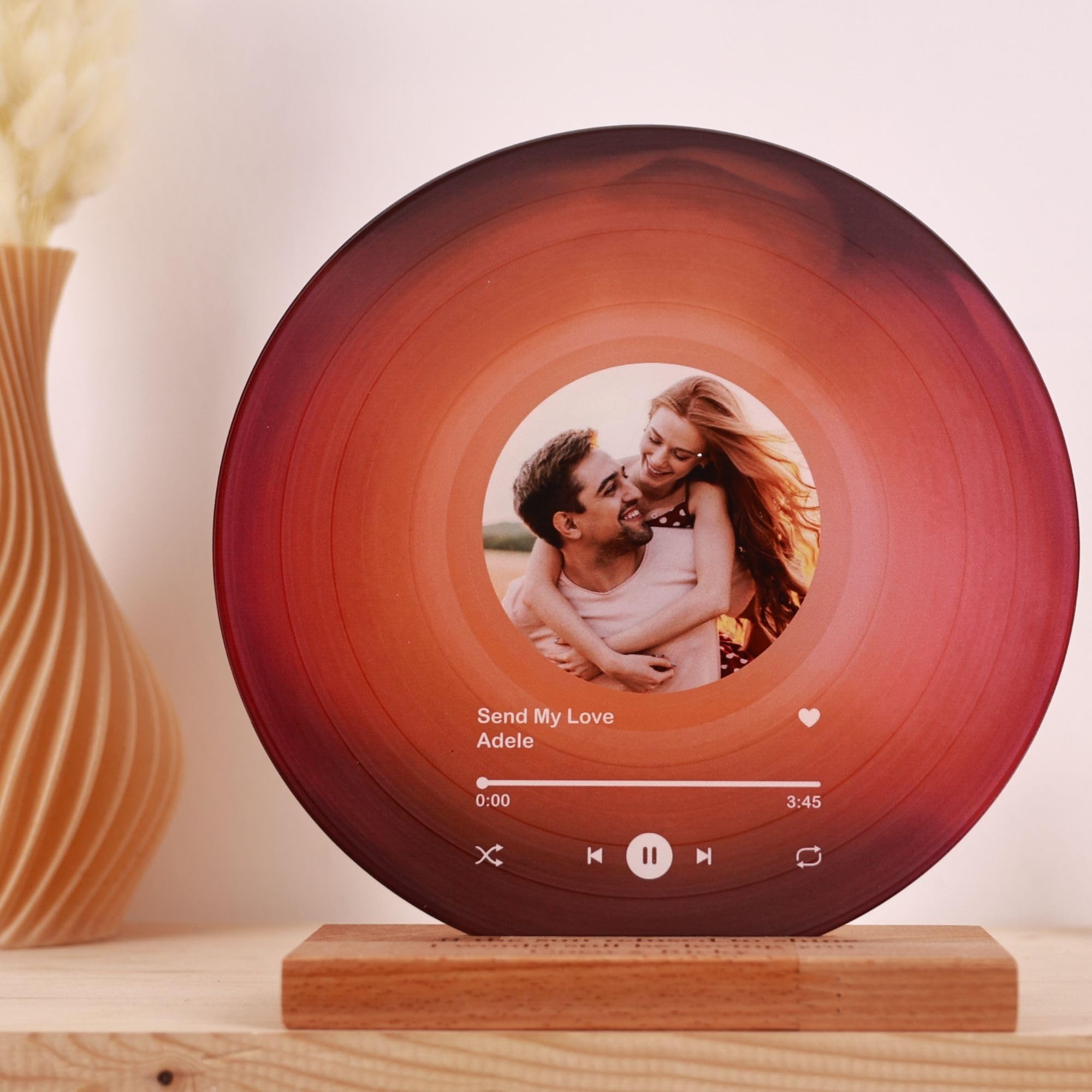 Personalized Vinyl Record with Photo - Custom Acrylic Song Plaque - Unique Gifts for Anniversary, Wedding, Birthday, Valentine’s Day - Decorative Music Home Decor for Couples PLQ0028 (Flame Red)