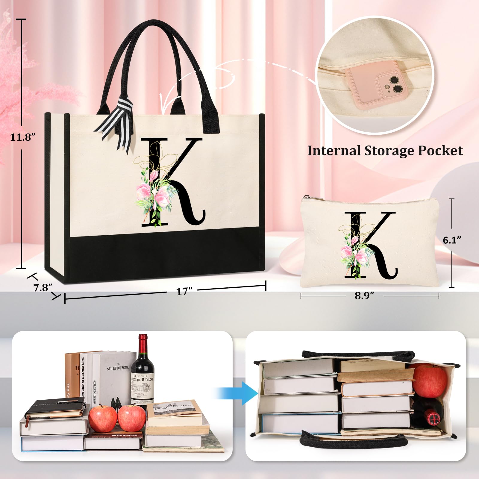 AYGE Personalized Initial Canvas Beach Bag Cosmetic Bags, Monogrammed Gifts for Women, Tote Bag, Makeup Bag, Birthday Gifts for Sister Mom Teacher Bridesmaid (K)