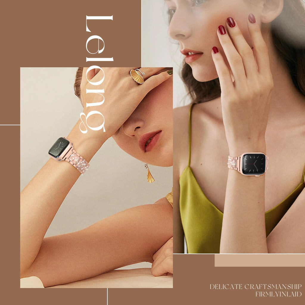 LELONG Compatible with Apple Watch Band 38mm 40mm 41mm Series 9 8 7 6 5 4 3 2 1 SE Ultra for women, Bling Replacement Bracelet iWatch Band, Sparkle Diamond Rhinestone Stainless Steel Metal Wristband