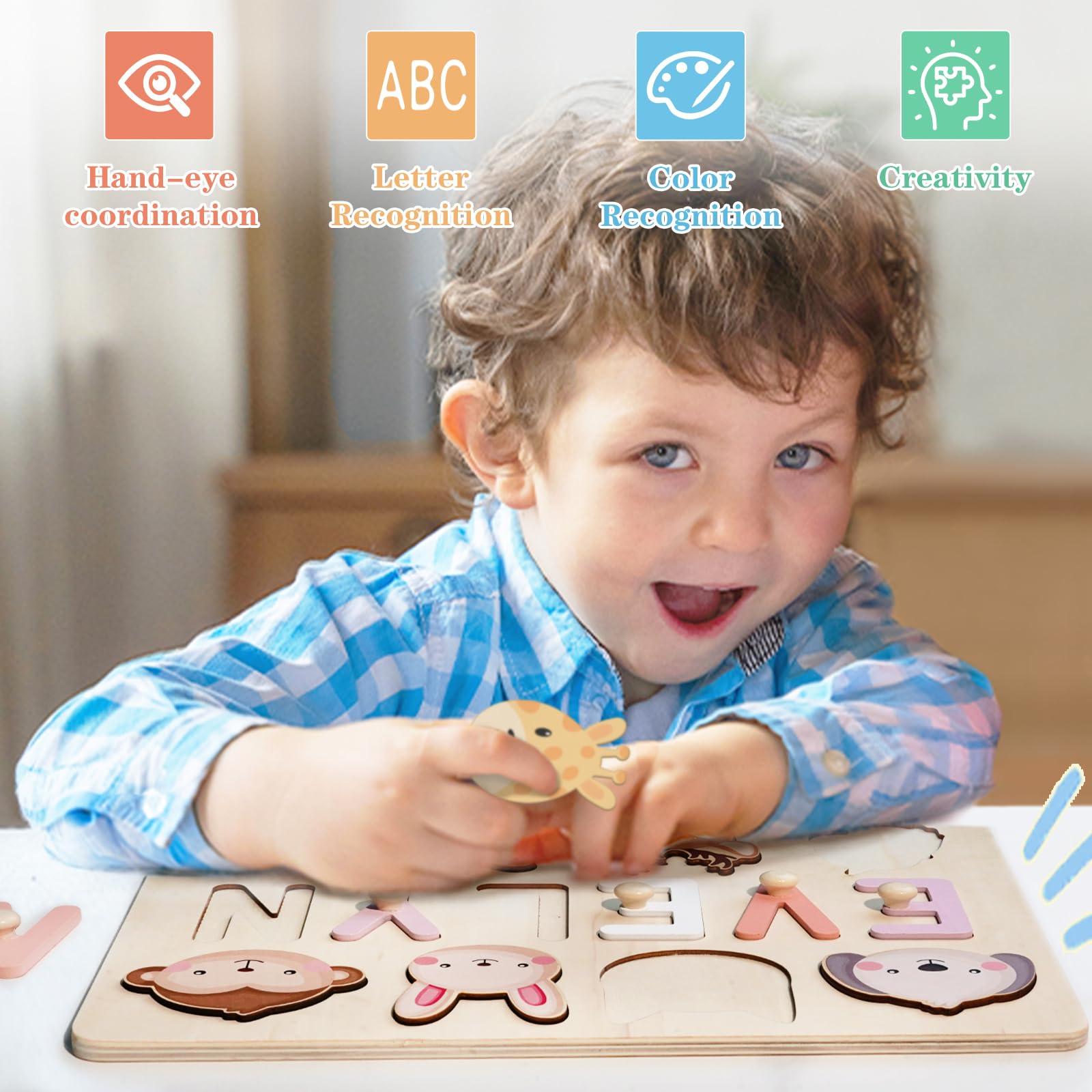 Purefly Personalized Name Puzzle for Kids Engraved Text Greetings on Back Custom Wooden Name Signs with Pegs for Baby Boy & Girl 1 Year Old Nursery Gifts Montessori Toys Toddler Puzzles for Newborn