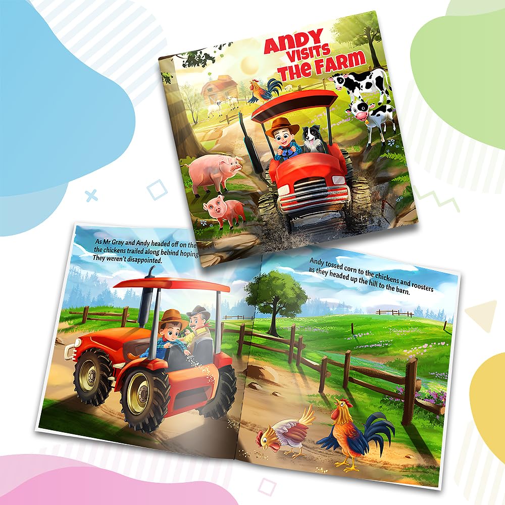 Personalized Storybooks by Dinkleboo - Visits The Farm - Your Child Joins Mr. Gray On A Trip Around The Farm - for Children Aged 0 to 8 Years Old - Soft Cover - Smooth, Glossy Finish (8"x 8")