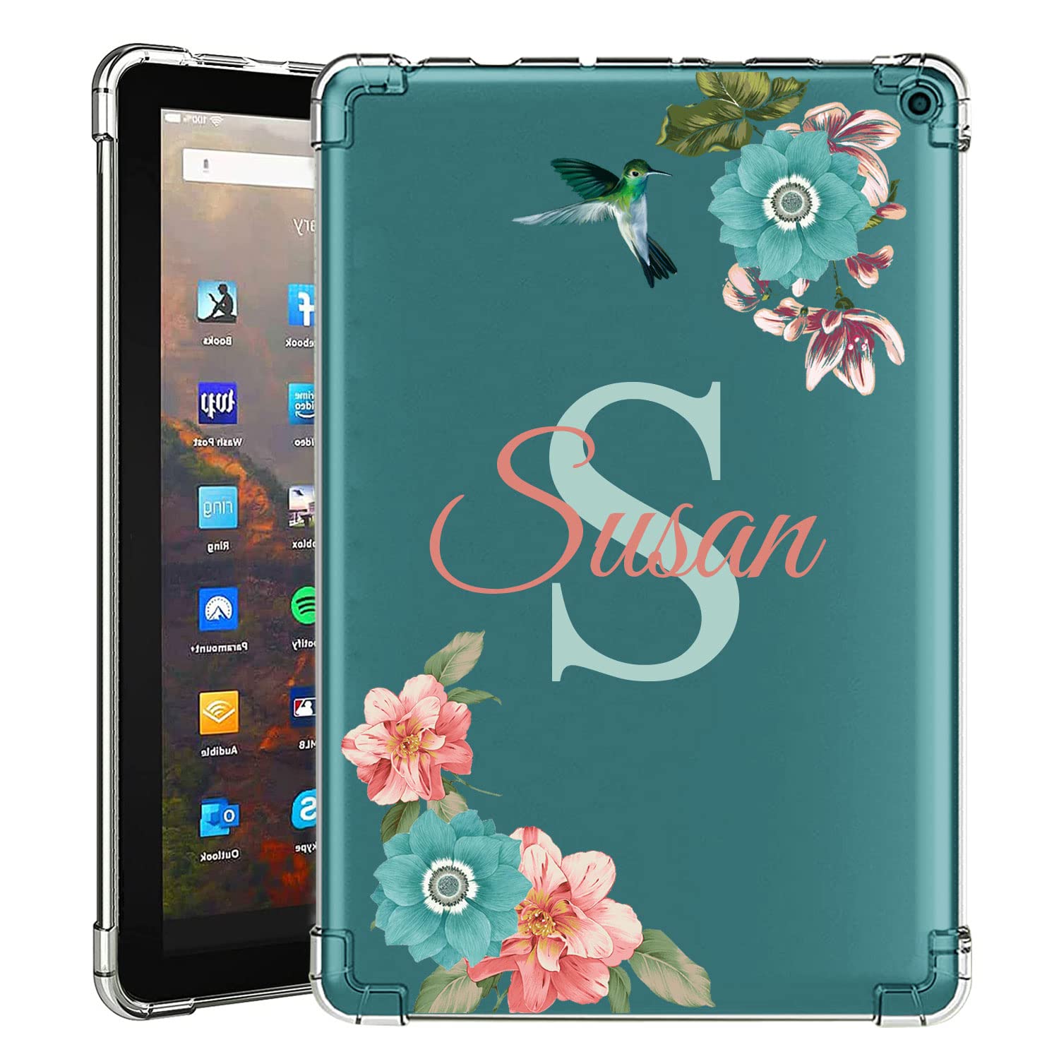 Custom Name & Initial Clear Case for Amazon Fire HD 10 Plus HD8 8 Plus 7 Tablet 11th 10th 9th 8th 7th 6th 5th Generation (2015-2021 Release)(Light Blue Flowers