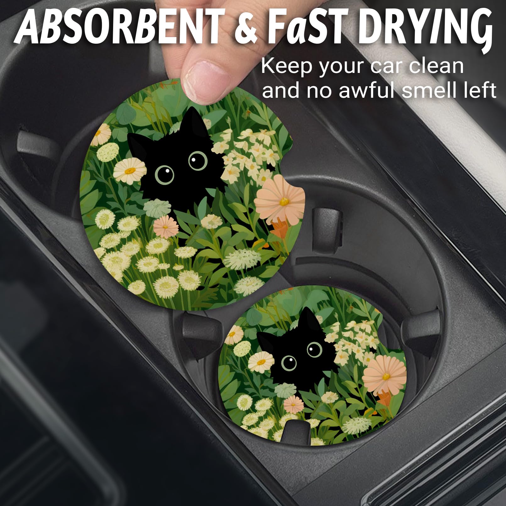 Car Coasters for Cup Holders，Car Cup Holder Coasters, 2 Pack Cup Holder Coasters for Car, Anti Slip Rubber Car Cup Mat with A Finger Notch, Car Interior Accessories for Women Men 2.75" Cute Cat