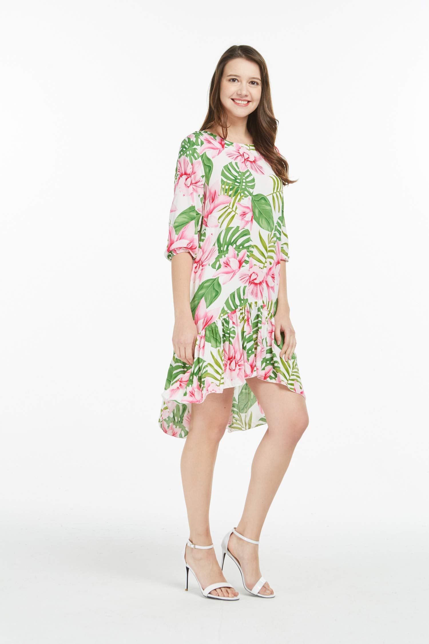 Matchable Family Hawaiian Luau 3/4 Sleeve Dress, Lotus and Orchid, Women, Small