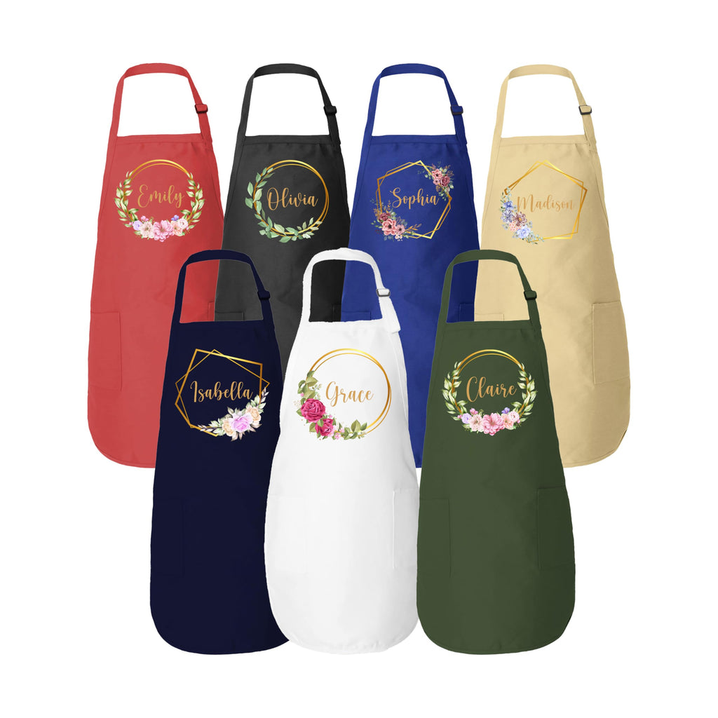 ROKO CLOTHING Personalized Apron Floral Initials Design Name Text with Pockets - Custom Name Kitchen Aprons Women, Gift for Baking, Cooking, BBQ, Gardening, Adjustable Neck & Waist