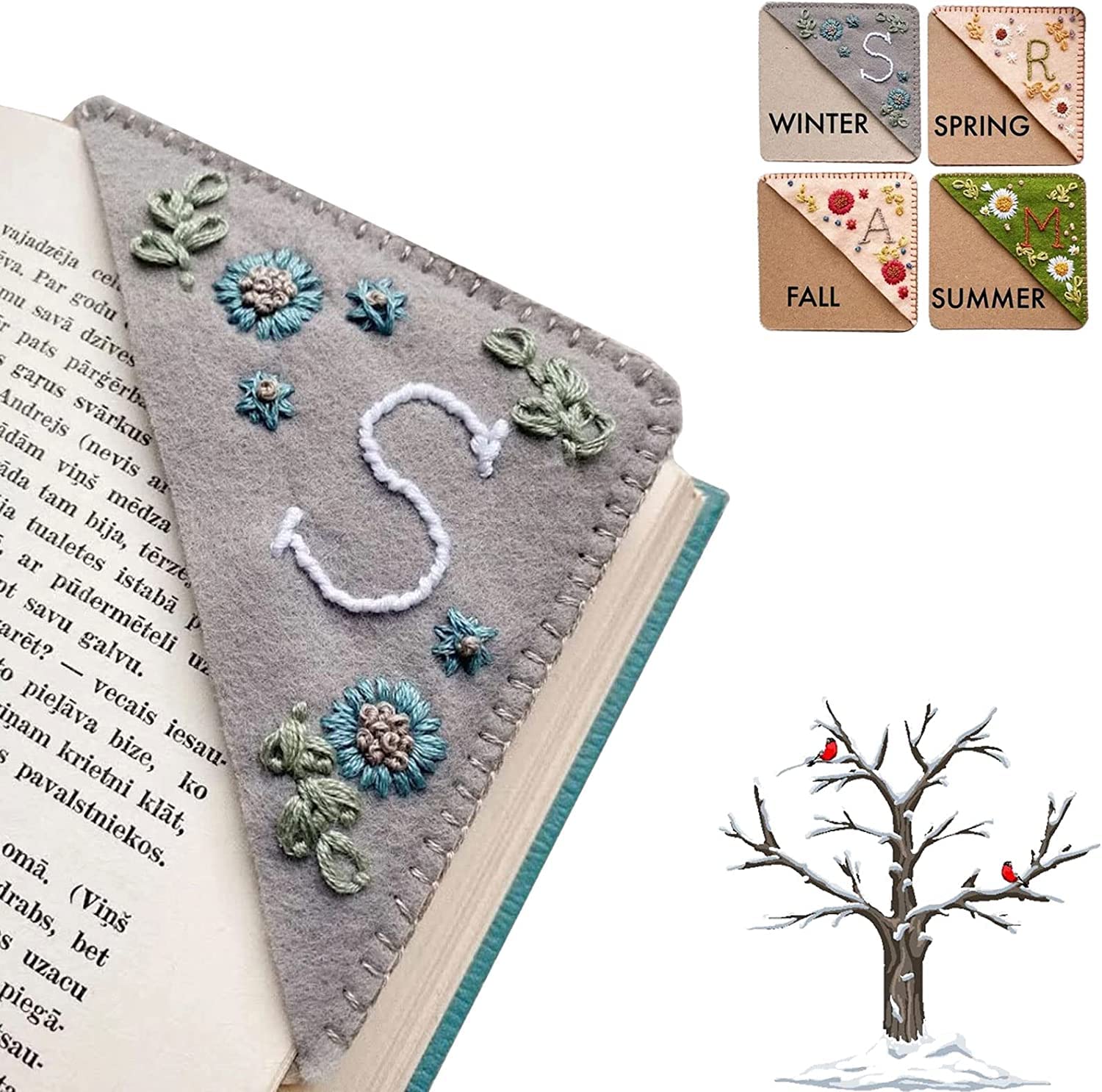 Personalized Hand Embroidered Corner Bookmark, 26 Letters Cute Flower Embroidered Corner Bookmark Embroidery Book Marker Clip for Book Lovers Bookmarks for Reading Lovers Meaningful GIF (Summer, M)