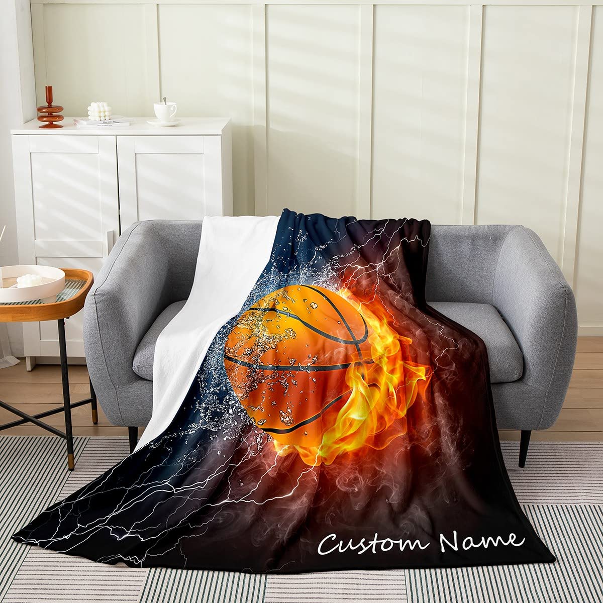 Erosebridal Basketball Throw Blanket Throw Size with Custom Name,Basketball Blanket for Boys,Personalized Sports Fleece Blanket for Youth, Ice and Fire Red Frame Flannel Blanket