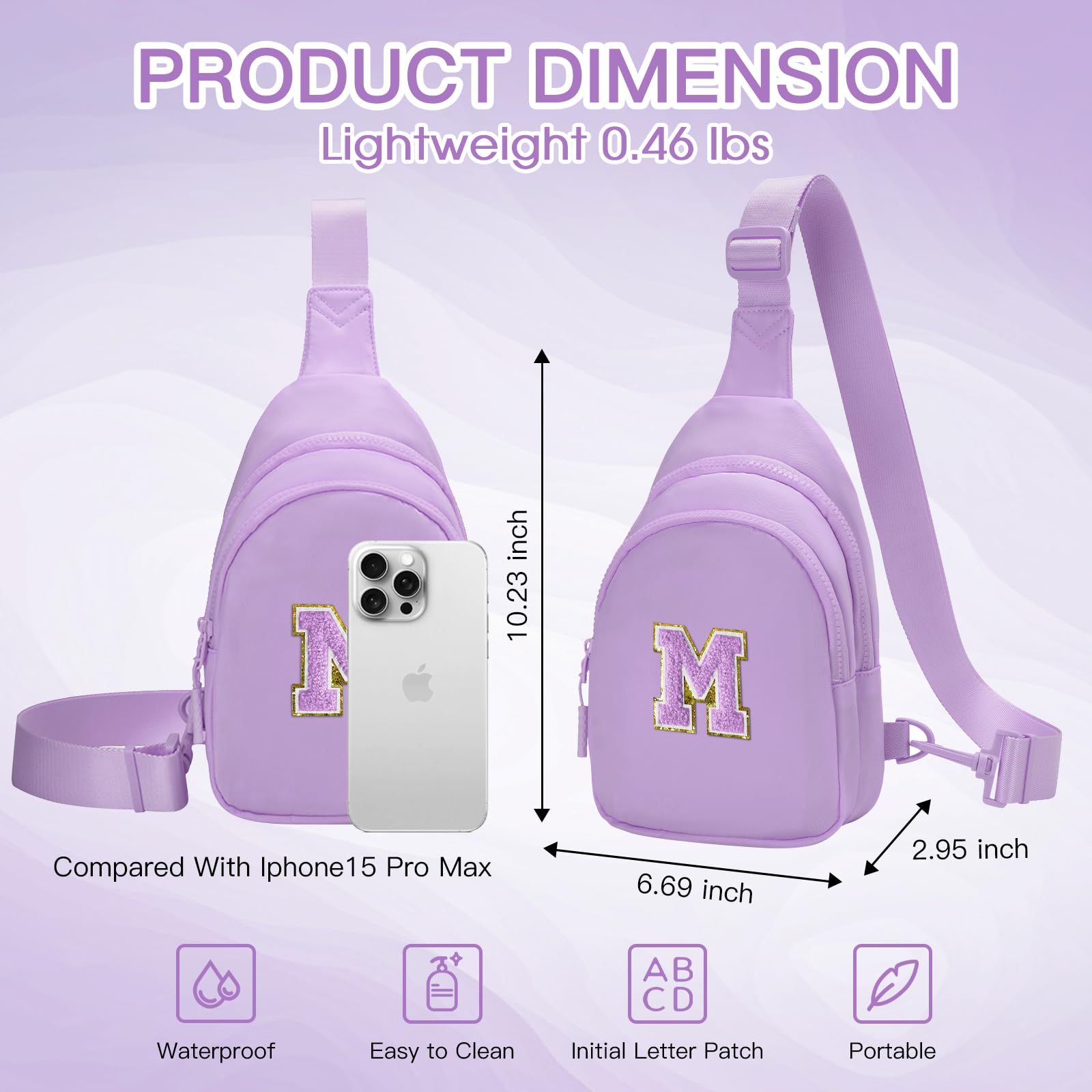 Viverte Small Initial Sling Bag Crossbody Bag Fanny Pack for Girls Women Cute Chest Bag Cross Body Bag Personalized Birthday Gifts for Her Trendy Preppy Stuff Cool Stuff for Teen Girls (Lavender-M)
