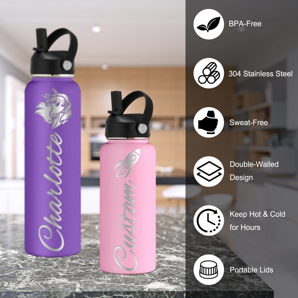 Custom Water Bottles Personalized with Straw Lid 24/32/40 oz Customized Stainless Steel Water Bottle with Engraved Names Double Wall Insulated for School Sports