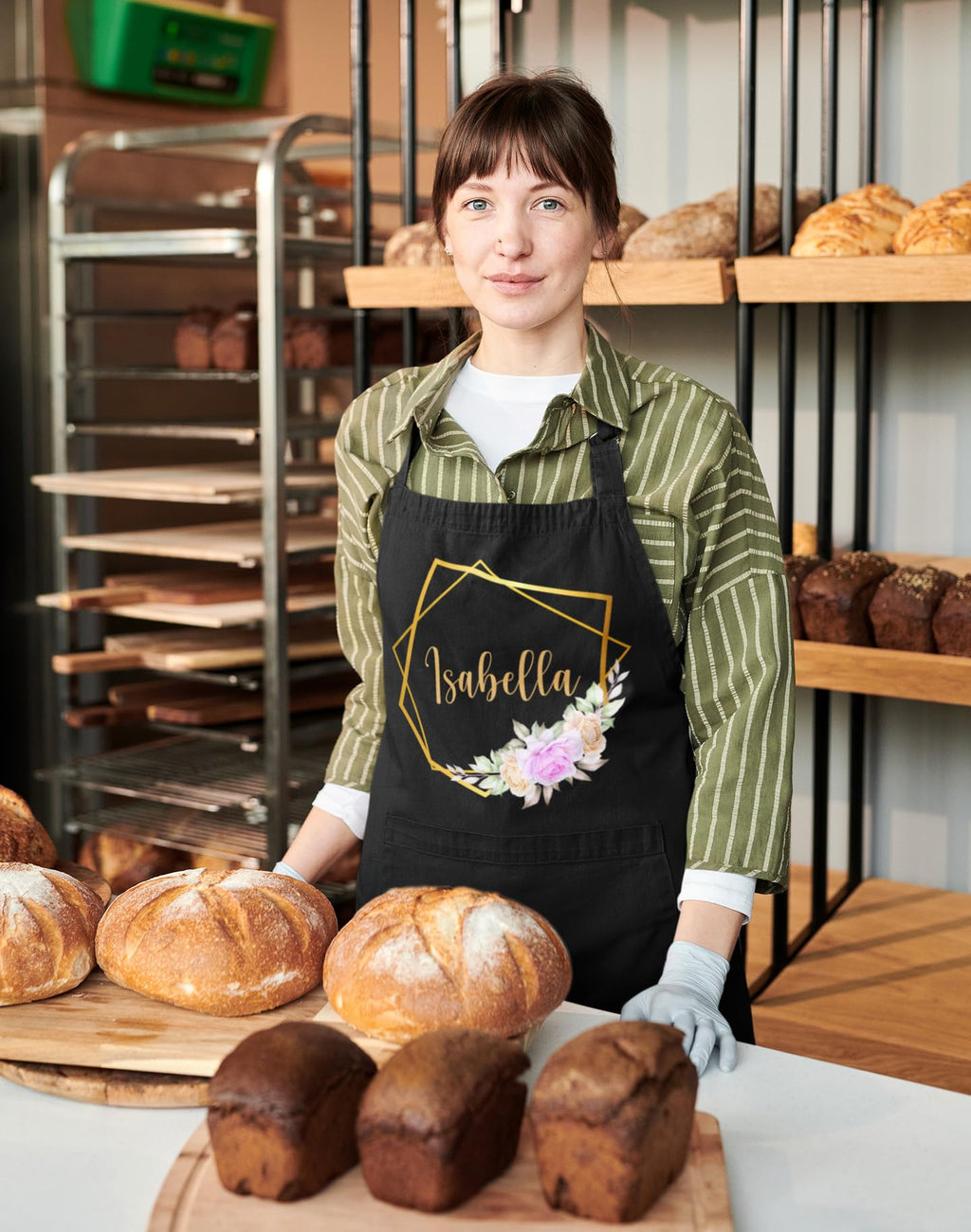 ROKO CLOTHING Personalized Apron Floral Initials Design Name Text with Pockets - Custom Name Kitchen Aprons Women, Gift for Baking, Cooking, BBQ, Gardening, Adjustable Neck & Waist