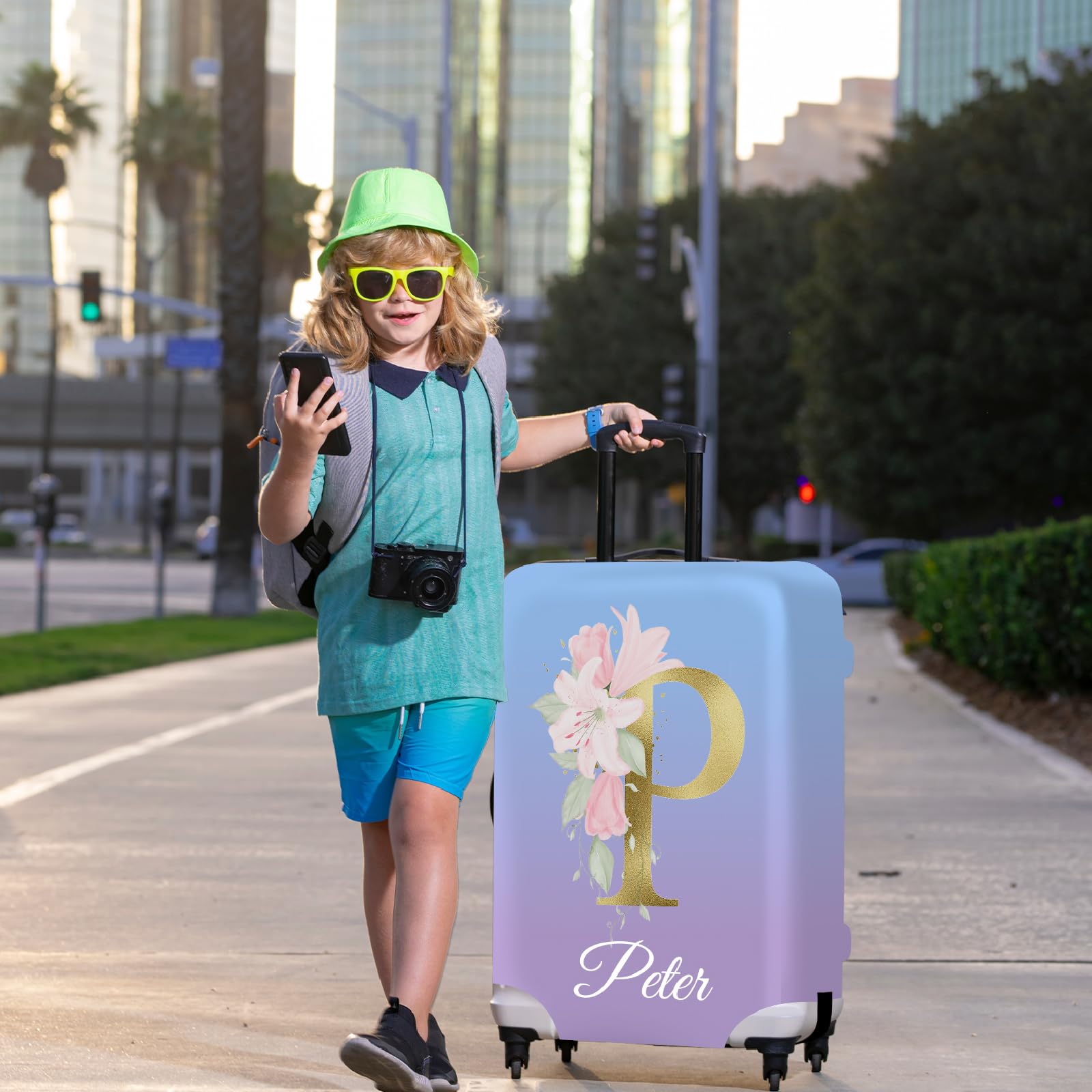 TOPCARPENTER Custom Floral Letter Luggage Cover - Elastic Washable Suitcase Covers for Luggage,Personalized Luggage Protector with Name,Travel Gifts for Men Women Couples Traveler(L)