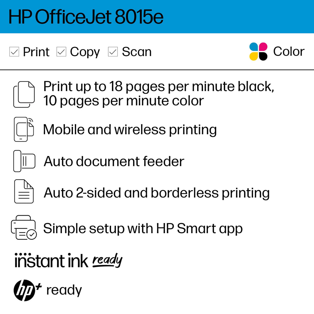 HP OfficeJet 8015e Wireless Color All-in-One Printer, 6 months of Instant Ink included