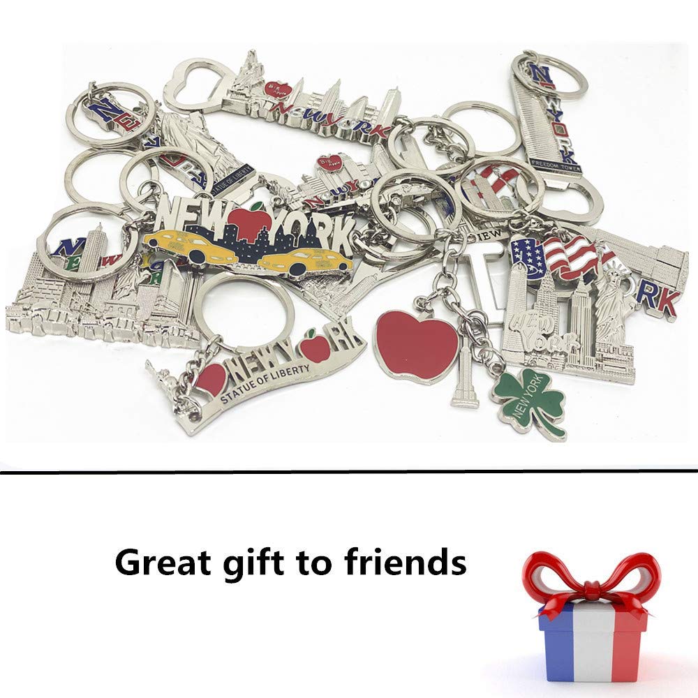 12 Pack Silver NYC Souvenir Collection New York Metal Keychain Ring Bundle Bulk Includes Empire State, Freedom Tower, Statue Of Liberty, USA Flag,NY Cab, Apple, 3 Pc Bottle Opener too And More