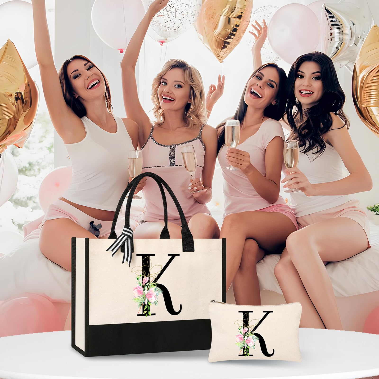 AYGE Personalized Initial Canvas Beach Bag Cosmetic Bags, Monogrammed Gifts for Women, Tote Bag, Makeup Bag, Birthday Gifts for Sister Mom Teacher Bridesmaid (K)