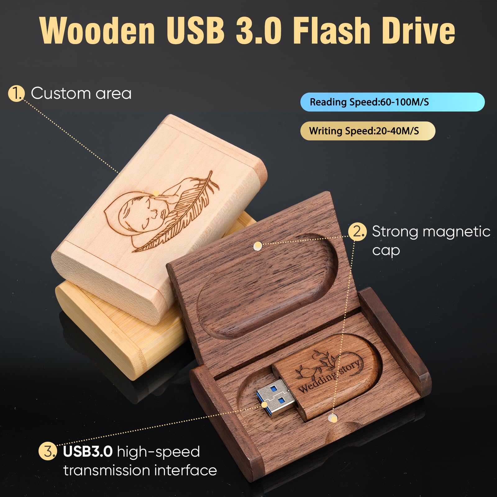 Custom Your Wedding USB 3.0 Flash Drive for Storing Photo/Video, 4GB Wooden High-Speed USB Thumb Drive Used in Photography/Corporate Giveaways - Carved Personalized Words or Logo