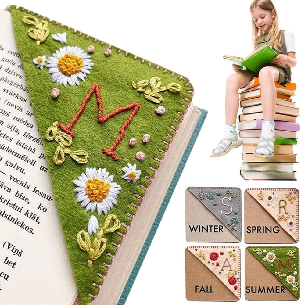 Personalized Hand Embroidered Corner Bookmark, 26 Letters Cute Flower Embroidered Corner Bookmark Embroidery Book Marker Clip for Book Lovers Bookmarks for Reading Lovers Meaningful GIF (Summer, M)