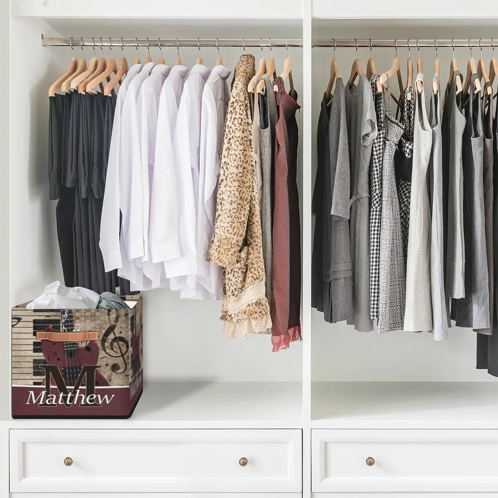 Retro Music Guitar Personalized Names Storage Bins Baskets for Organizing Custom Storage Baskets Collapsible with Handles for Clothes, Toys, Blanket, Towel,Pet Stuff