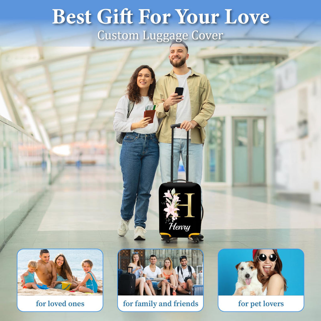 TOPCARPENTER Custom Floral Letter Luggage Cover - Elastic Washable Suitcase Covers for Luggage,Personalized Luggage Protector with Name,Travel Gifts for Men Women Couples Traveler(L)
