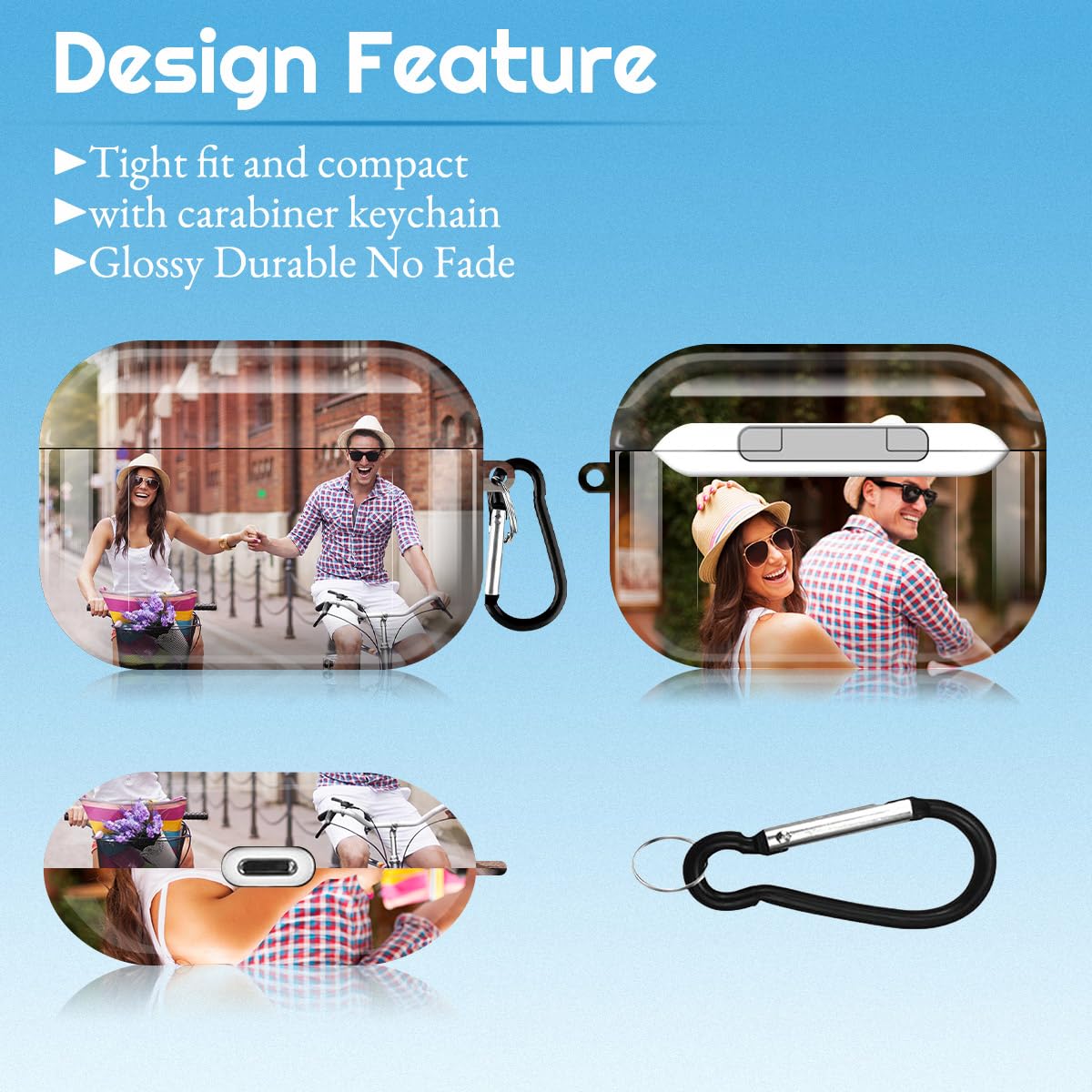 Custom Photo Case for Airpods 4/3/Pro/Pro 2 with Carabiner Keychain Personalized Picture Name Text Letter Premium Print On Cover,Full-Wrap Glossy Case