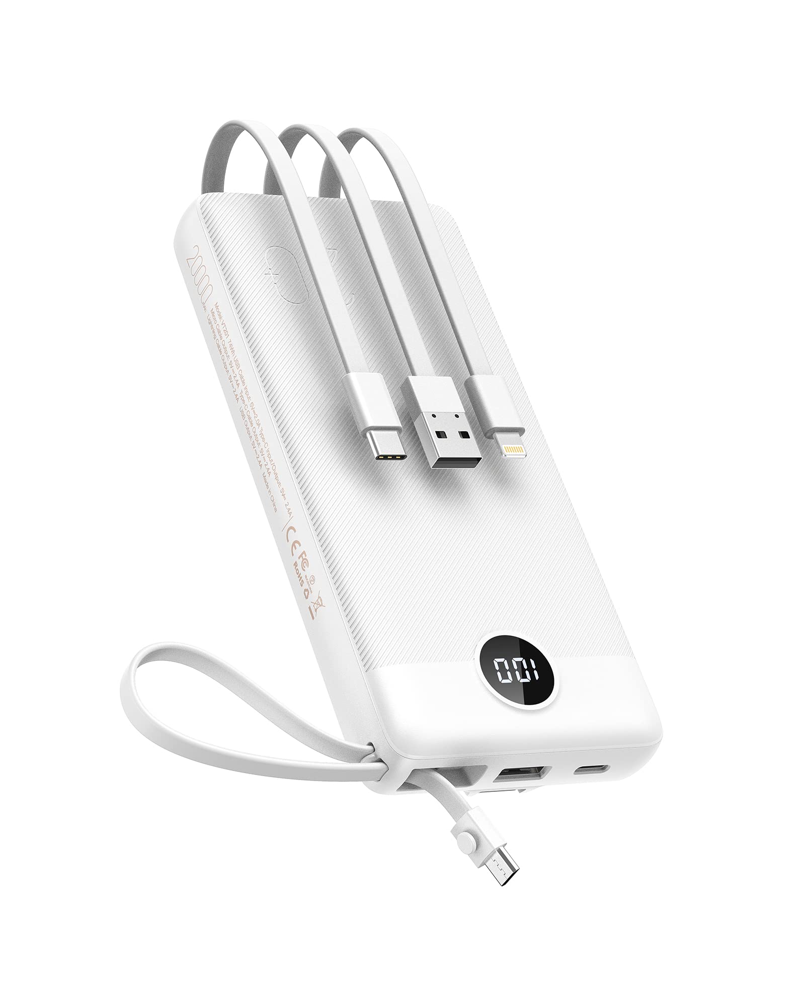 VEEKTOMX Power Bank with Built in Cables 20000mAh, Portable Charger for iPhone, USB C LED Display External Battery iPhone Charger Compatible with iPhone, iPad, Samsung and Android Devices for Travel