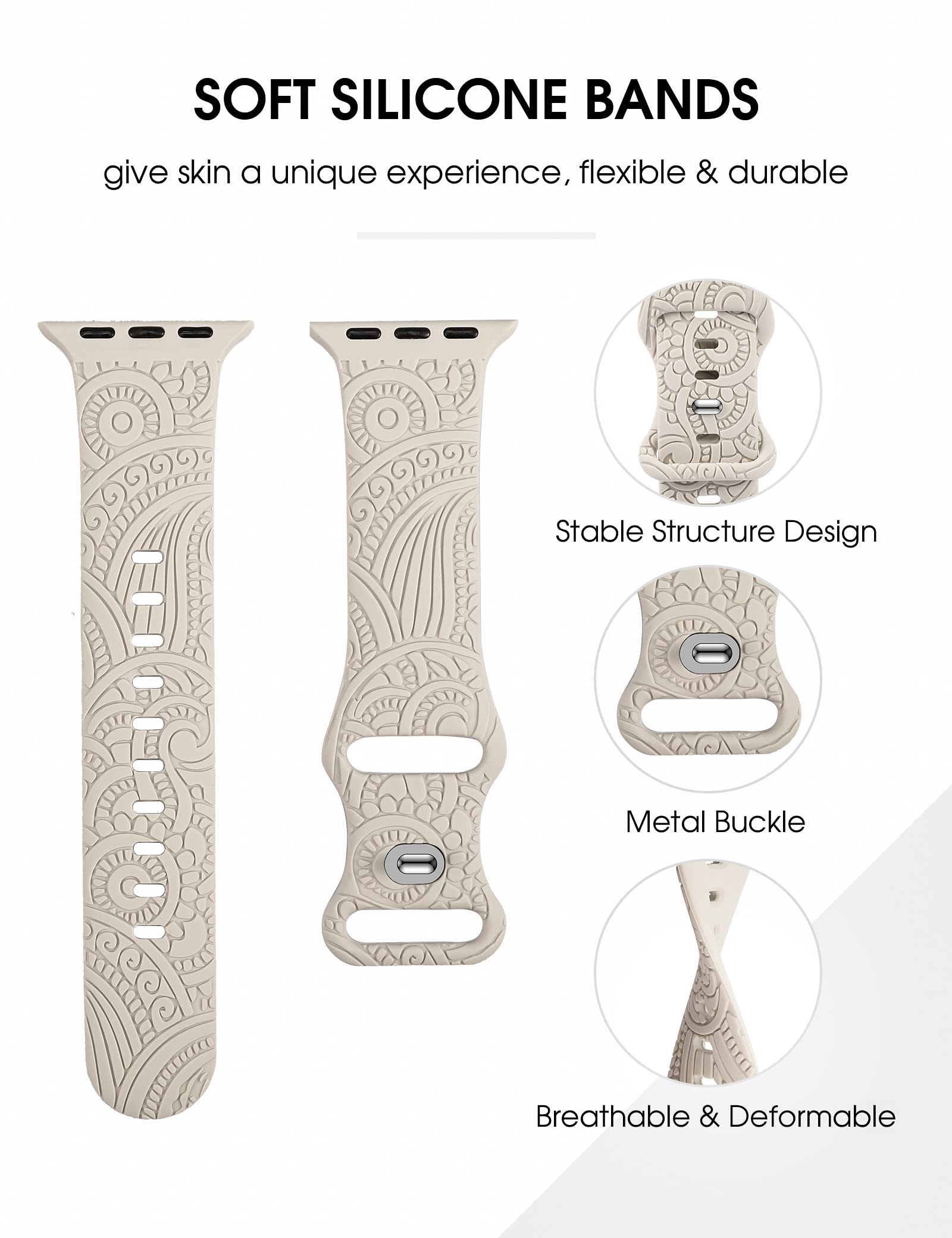 TOYOUTHS Boho Engraved Band Compatible with Apple Watch Band 42mm 41mm 40mm 38mm Women Men, Bohemian Designer Sport Soft Silicone Fancy Dressy Fashion Straps for iWatch Series 10/9/SE/8/7/6/5/4/3/2/1