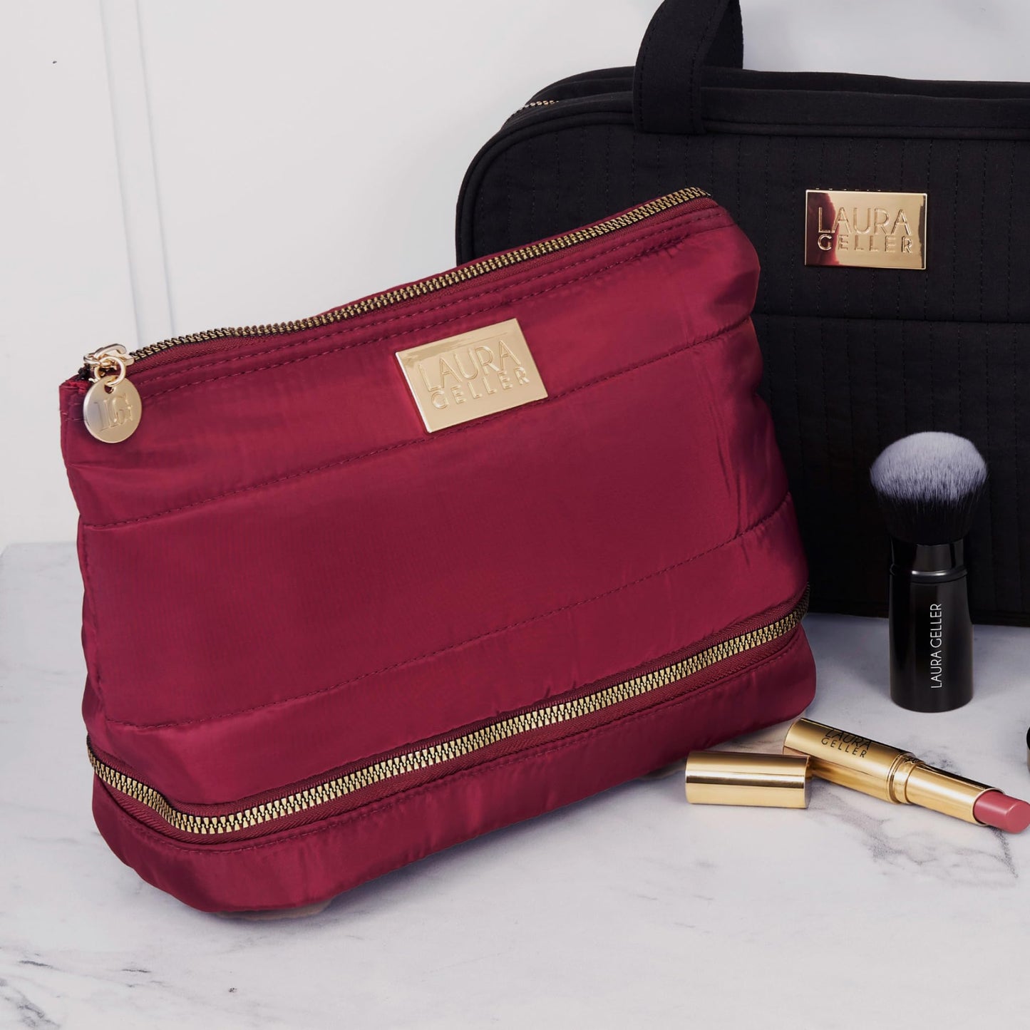 LAURA GELLER NEW YORK Quilted Makeup Bag - Toiletry Bag Organizer for Travel - Large Capacity Full Size Makeup Bag - Easy to Clean (Quilted with Brush Case)