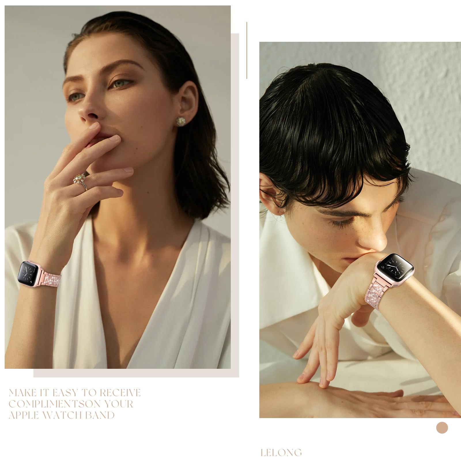 LELONG Compatible with Apple Watch Band 38mm 40mm 41mm Series 9 8 7 6 5 4 3 2 1 SE Ultra for women, Bling Replacement Bracelet iWatch Band, Sparkle Diamond Rhinestone Stainless Steel Metal Wristband