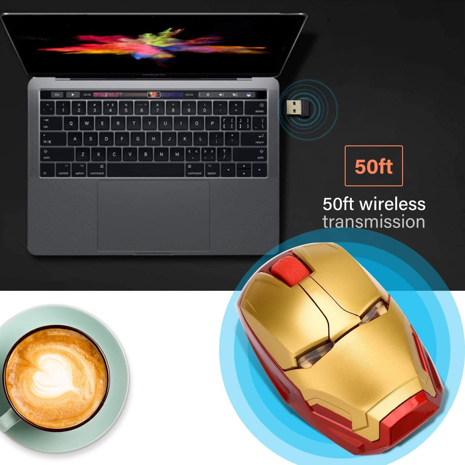 Ergonomic Wireless Mouse Cool Iron Man Mouse 2.4G Portable Mobile Computer Click Silent Mouse Optical Mice with USB Receiver, Black or Golden for Notebook PC Laptop Computer Mac Book, Add a Keychain