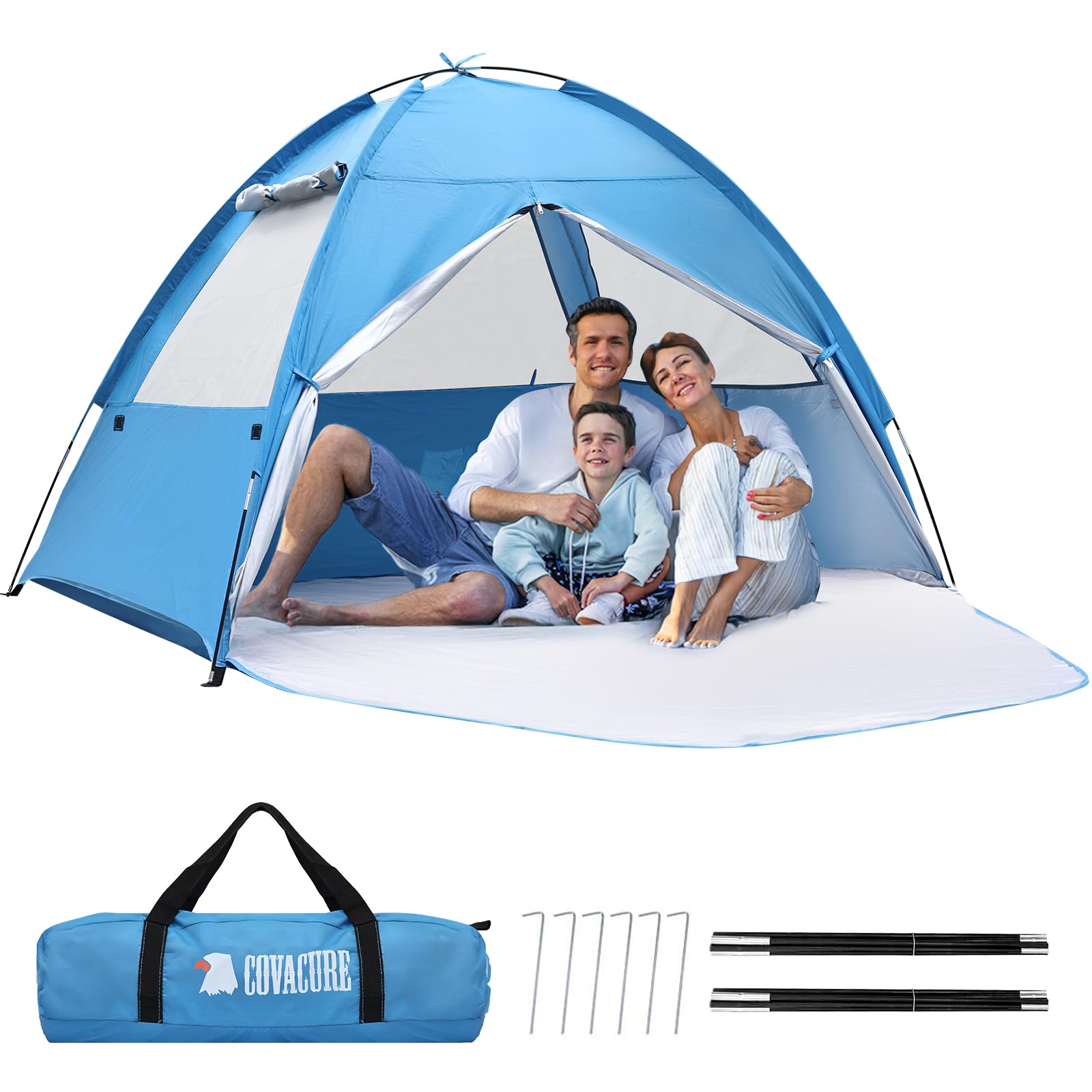 COVACURE Beach Tent Sun Shelter - Large Easy Setup Beach Tent, UPF 50+ UV Waterproof Lightweight Beach Shade Tent for 3-4 Person, Outdoor Tent for Beach, Camping, Fishing