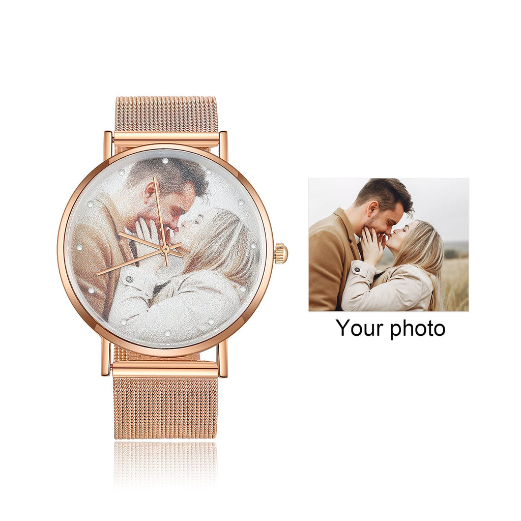 OPALSTOCK Personalized Watch Engraved Words Photo Wrist Watches Leather Strap Handmade Couple Watch Customized Father's Mother's Groom Gift (rose gold)