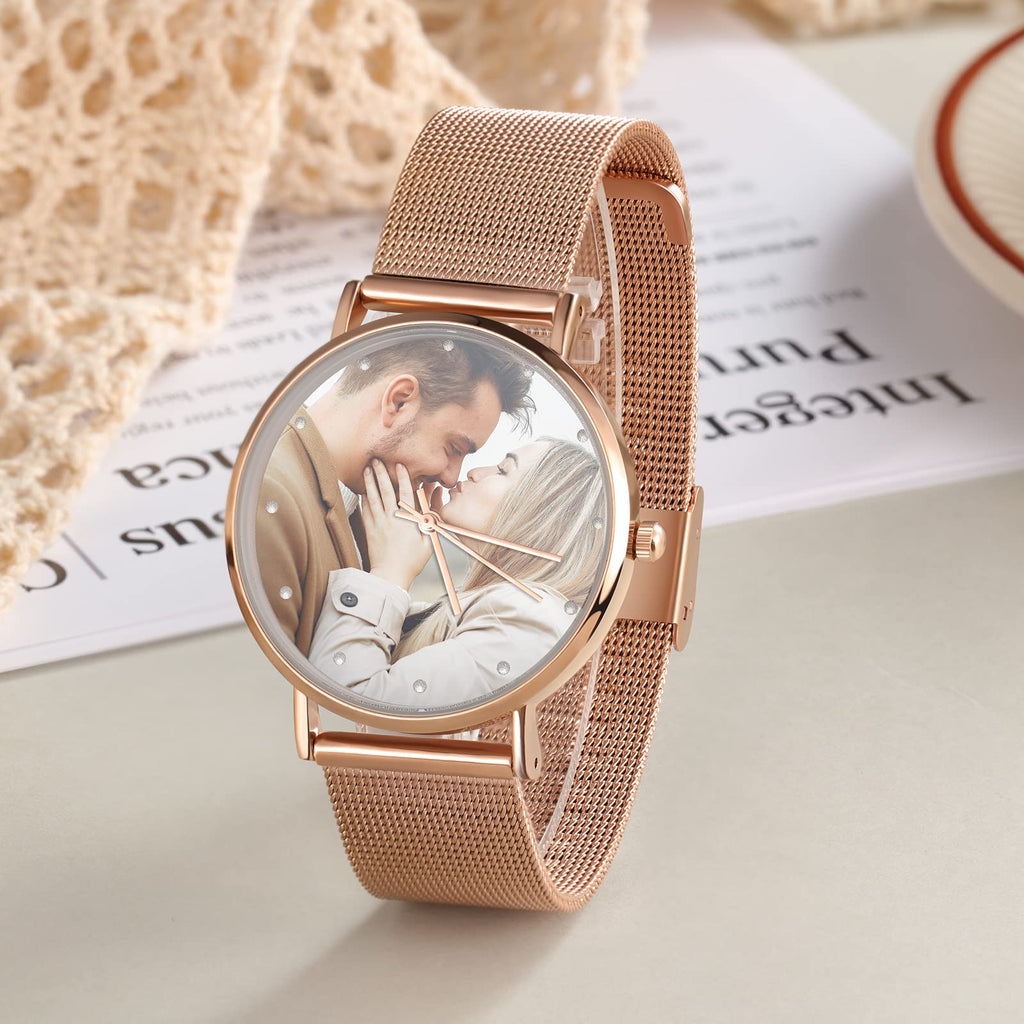 OPALSTOCK Personalized Watch Engraved Words Photo Wrist Watches Leather Strap Handmade Couple Watch Customized Father's Mother's Groom Gift (rose gold)