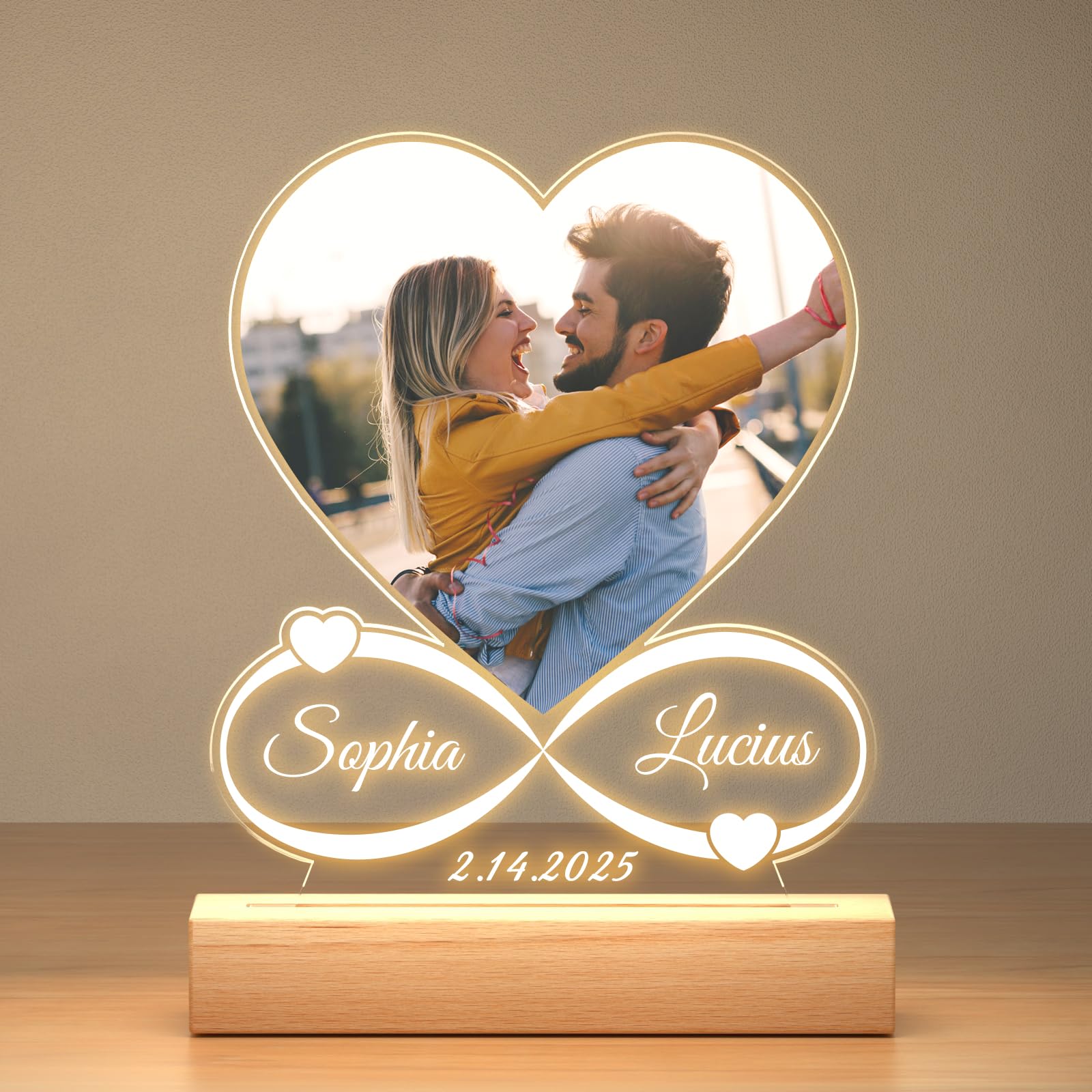 Custom Picture Frames with Photo, Personalized Photo Frame with Night Light, Customized Heart Picture Frame, Personalized Anniversary Valentines Day Gifts for Women Men Her Him Girlfriend Boyfriend
