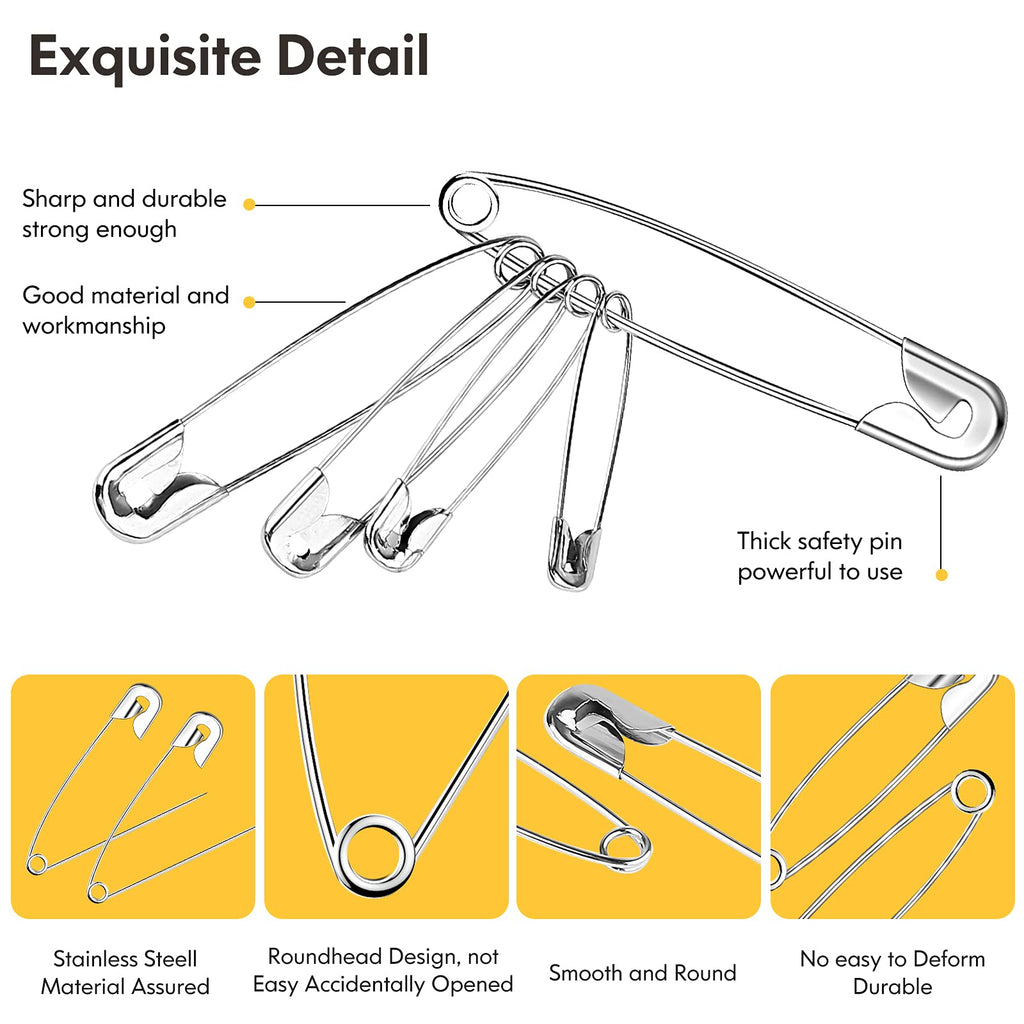 Huhuhero 340 Pack Safety Pins Assorted, 5 Different Sizes Small and Large Pins, Safety Pin for Clothes Costume Sewing, Nickel Plated Steel Bulk, Arts and Crafts Supplies, Silver