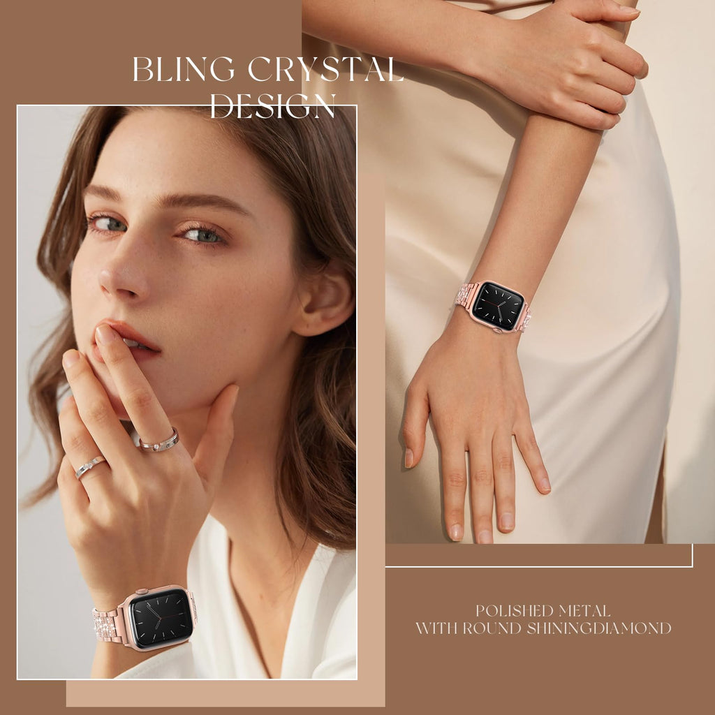 LELONG Compatible with Apple Watch Band 38mm 40mm 41mm Series 9 8 7 6 5 4 3 2 1 SE Ultra for women, Bling Replacement Bracelet iWatch Band, Sparkle Diamond Rhinestone Stainless Steel Metal Wristband