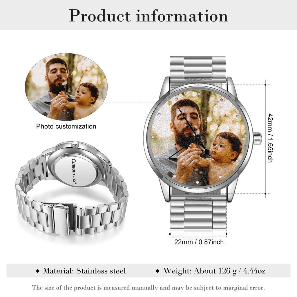 Jeweidea Personalized Photo Watch for Men Custom Engraved Name Picture Watch Stainless Steel Wrist Watch Unique Gift for Dad, Husband (Silver)