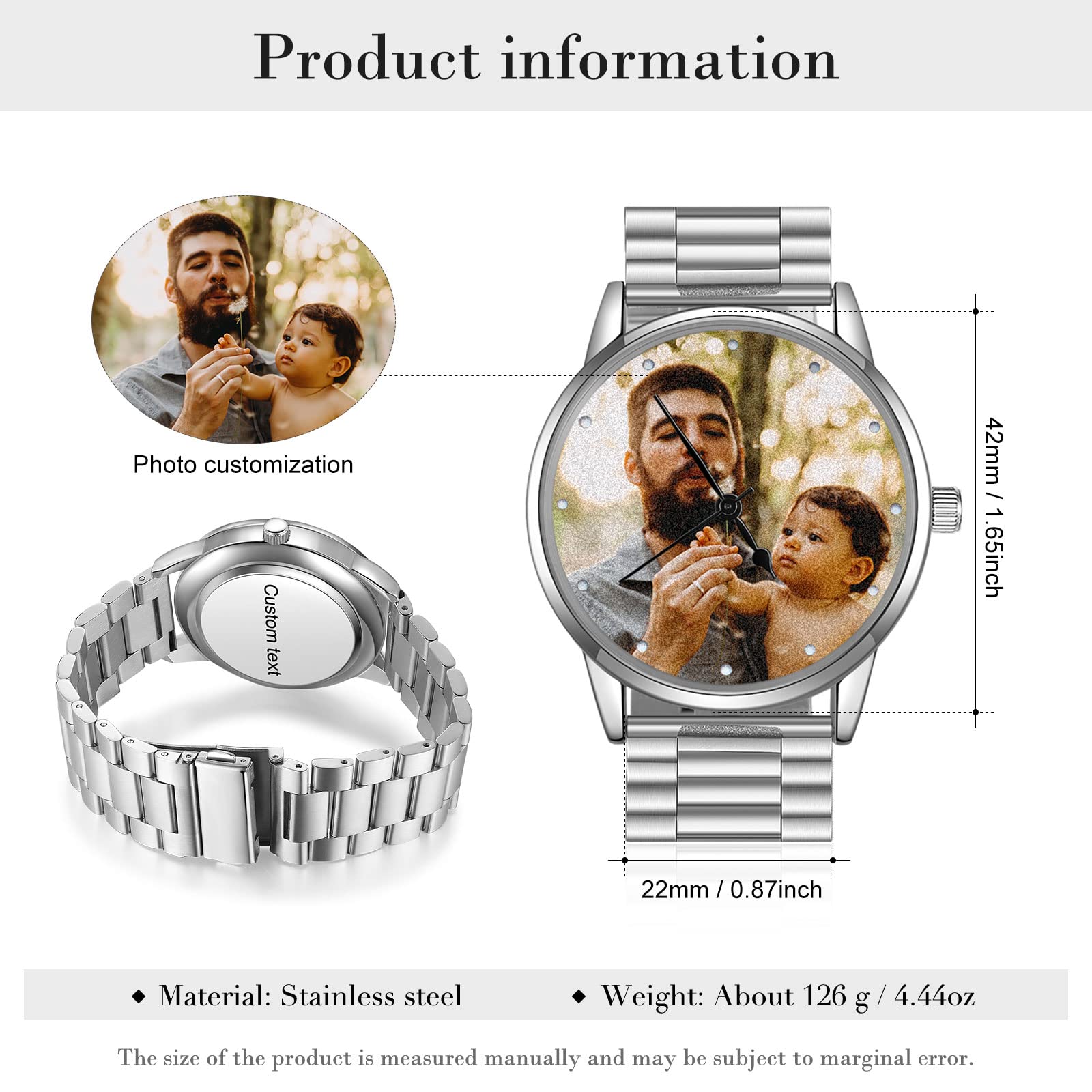 Jeweidea Personalized Photo Watch for Men Custom Engraved Name Picture Watch Stainless Steel Wrist Watch Unique Gift for Dad, Husband (Silver)