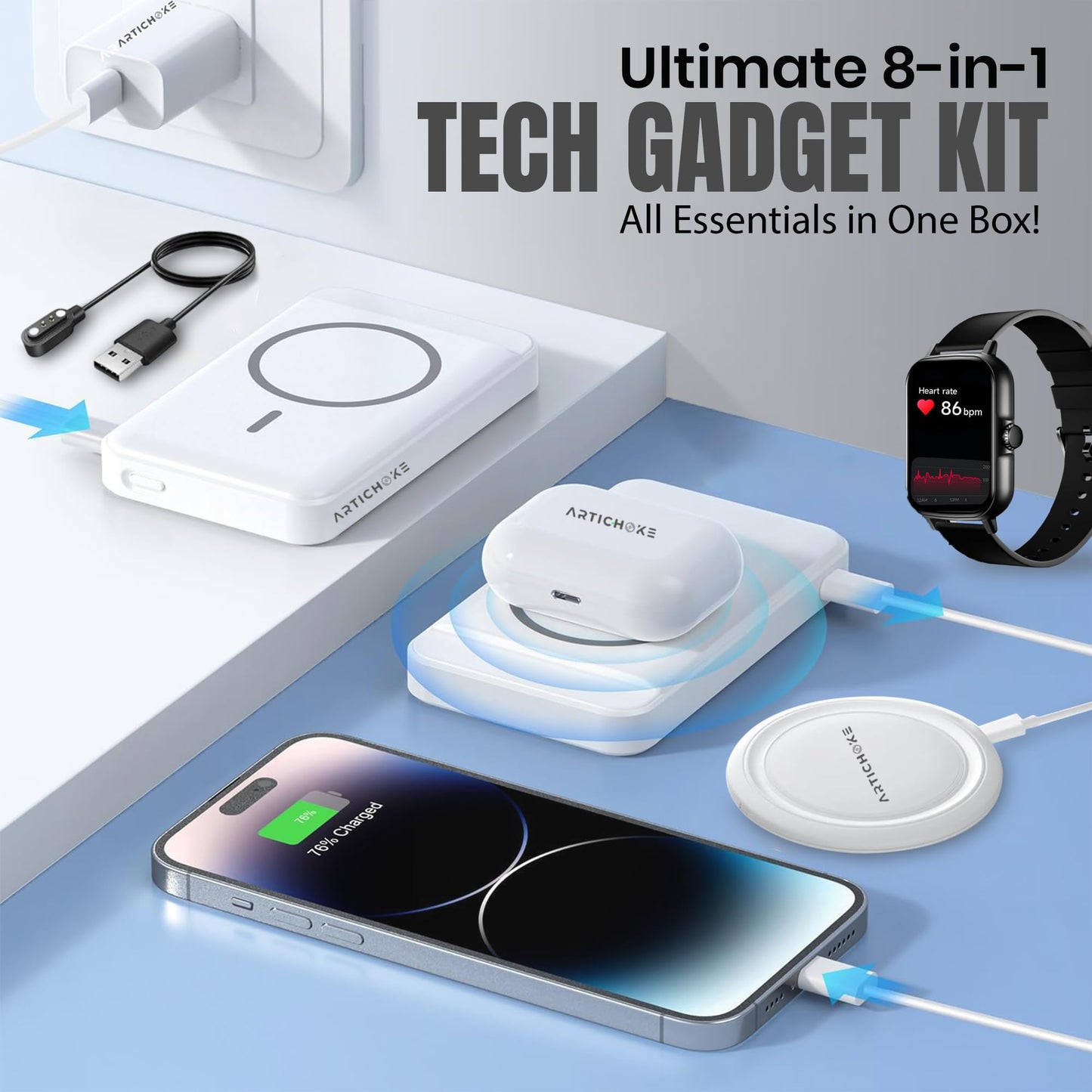 Artichoke 8-in-1 Tech Gadget Kit | Gifts for men - Power Bank 10000mAh, Smart Watch, TWS Earphones, Wireless Charger, Charging Adapter
