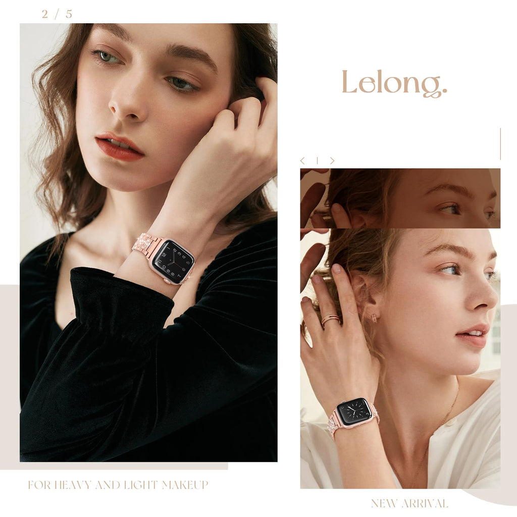 LELONG Compatible with Apple Watch Band 38mm 40mm 41mm Series 9 8 7 6 5 4 3 2 1 SE Ultra for women, Bling Replacement Bracelet iWatch Band, Sparkle Diamond Rhinestone Stainless Steel Metal Wristband