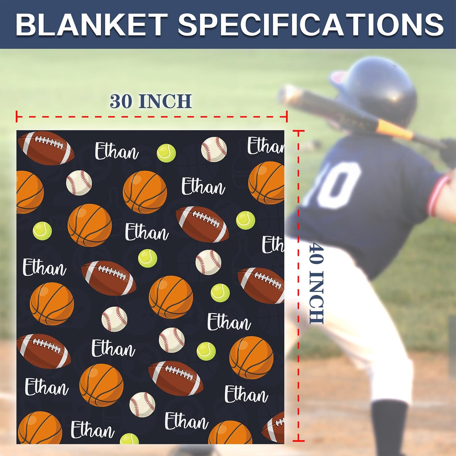 CZZDERAM Baby Boy Personalized Blanket Sports,Customized Sport Baby Blanket with Name,Ball Toddler Blanket,Customezed Birthday for Girl Boy Teens, Baby Shower Newborn Gifts