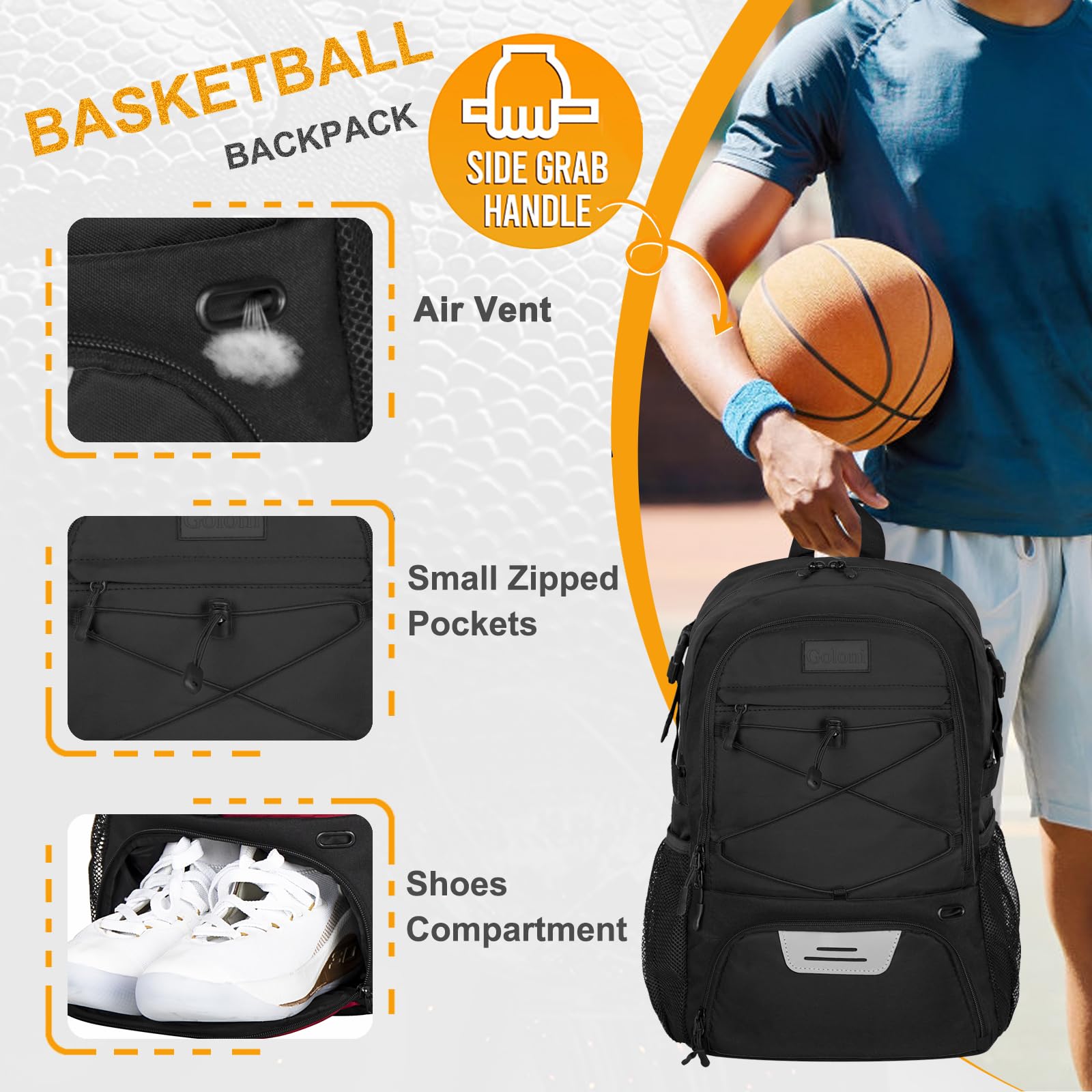 Goloni Soccer Backpack, Large Water-Resistant Sports Bag with Ball & Shoe Compartment, Multi-Purpose Backpack for Basketball, Volleyball, Travel