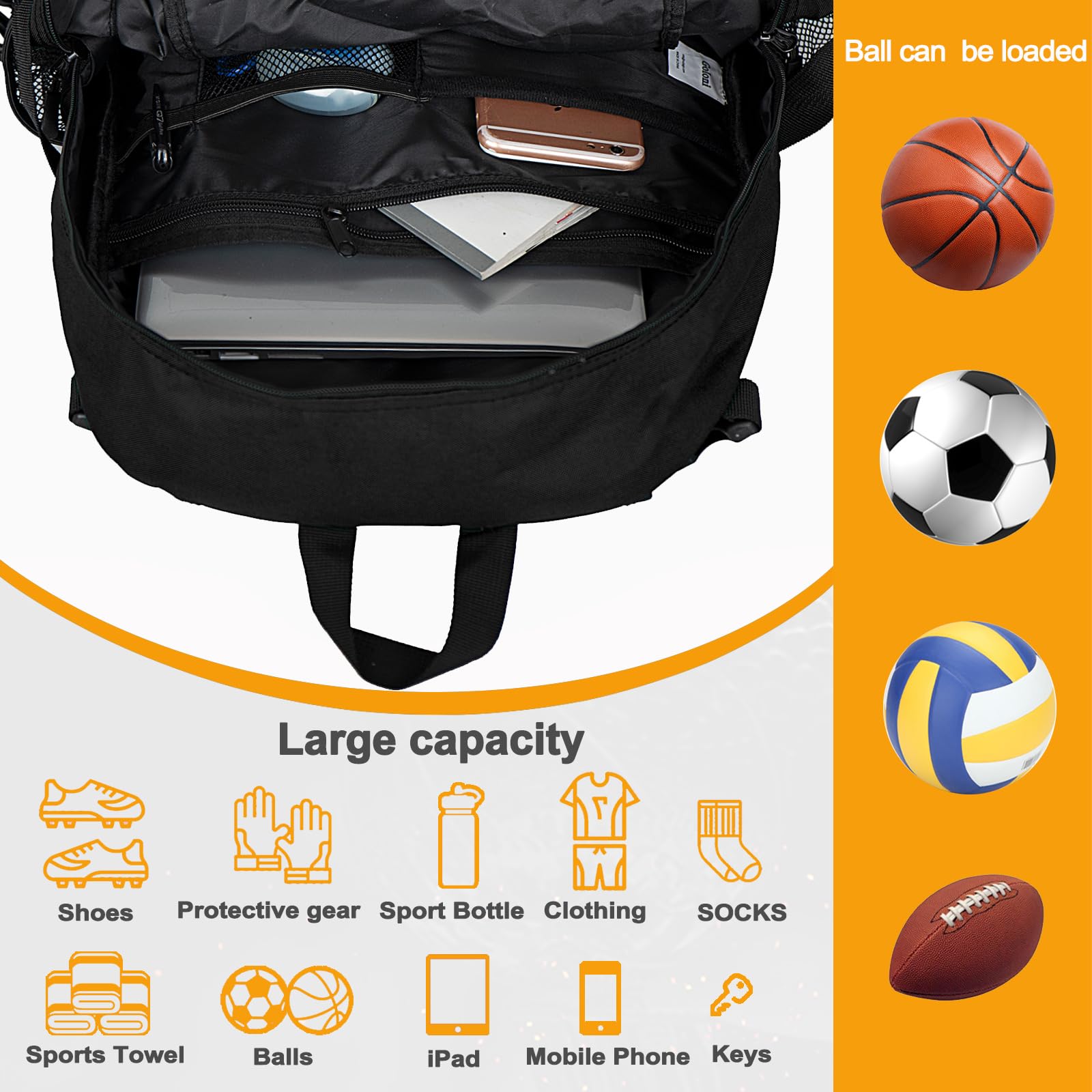 Goloni Soccer Backpack, Large Water-Resistant Sports Bag with Ball & Shoe Compartment, Multi-Purpose Backpack for Basketball, Volleyball, Travel