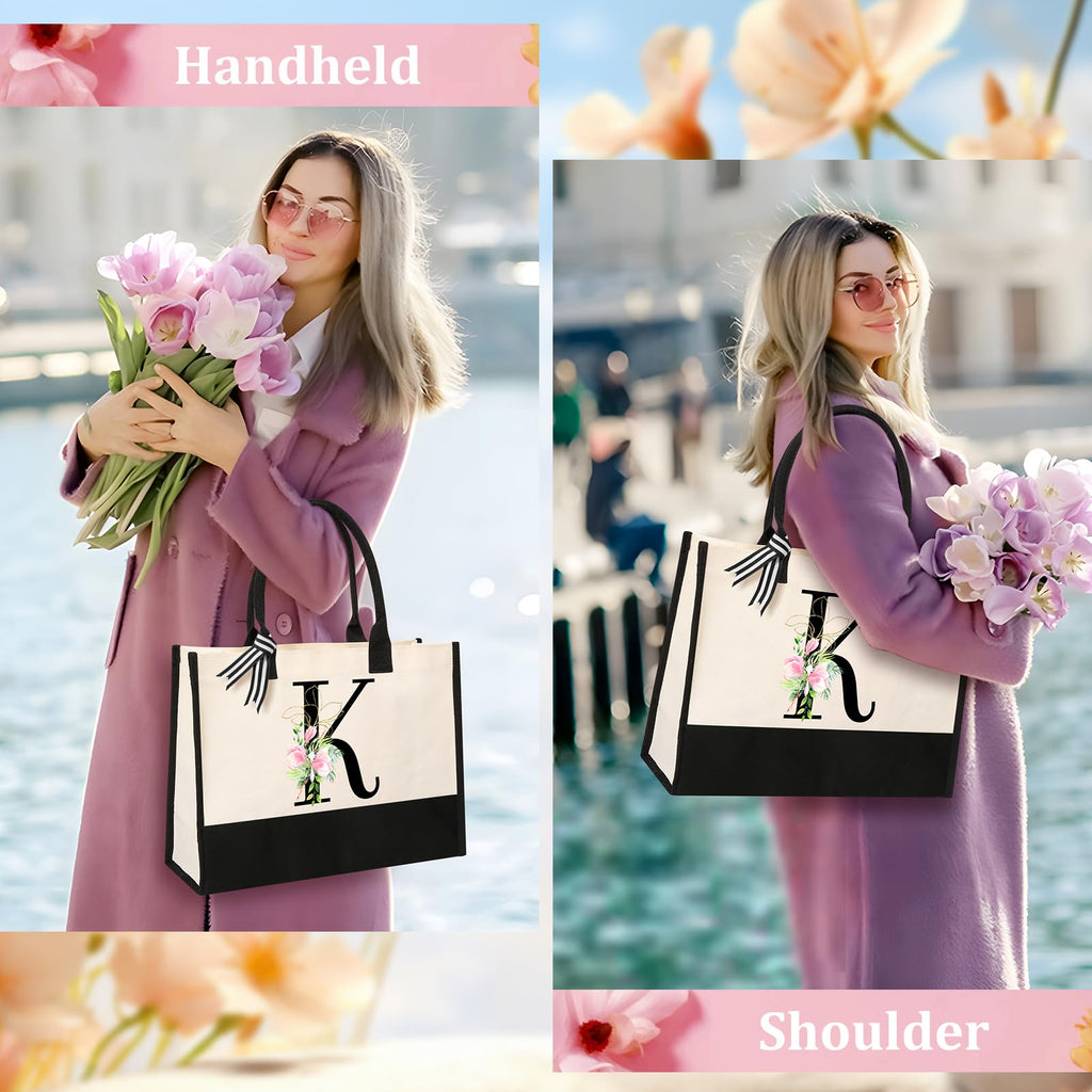 AYGE Personalized Initial Canvas Beach Bag Cosmetic Bags, Monogrammed Gifts for Women, Tote Bag, Makeup Bag, Birthday Gifts for Sister Mom Teacher Bridesmaid (K)