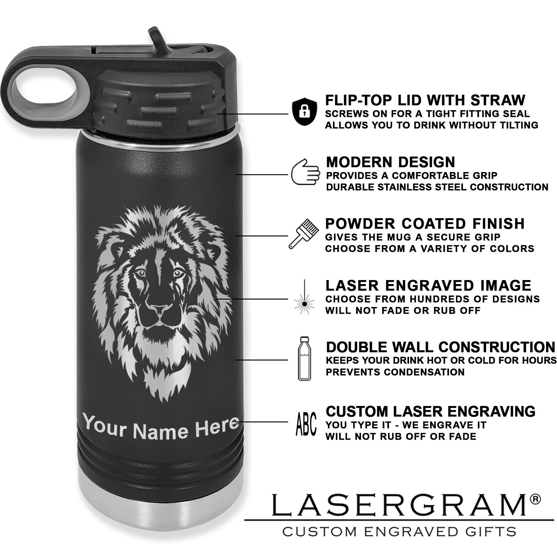 LaserGram Personalized Water Bottle, Basketball Ball, Stainless Steel Double Wall Vacuum Insulated with Flip Top Straw, Custom Engraved Gift (20oz / 590ml Black)