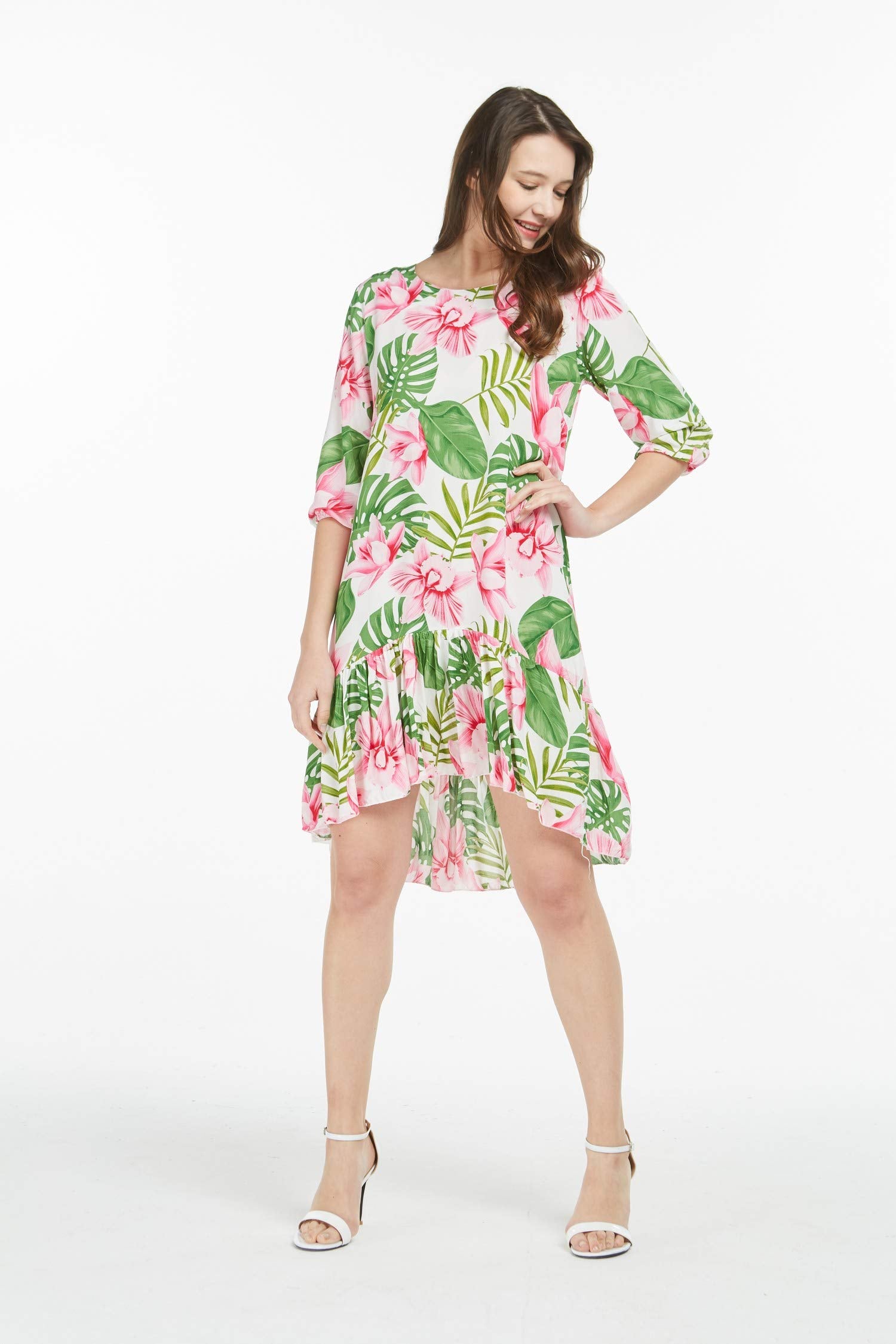 Matchable Family Hawaiian Luau 3/4 Sleeve Dress, Lotus and Orchid, Women, Small