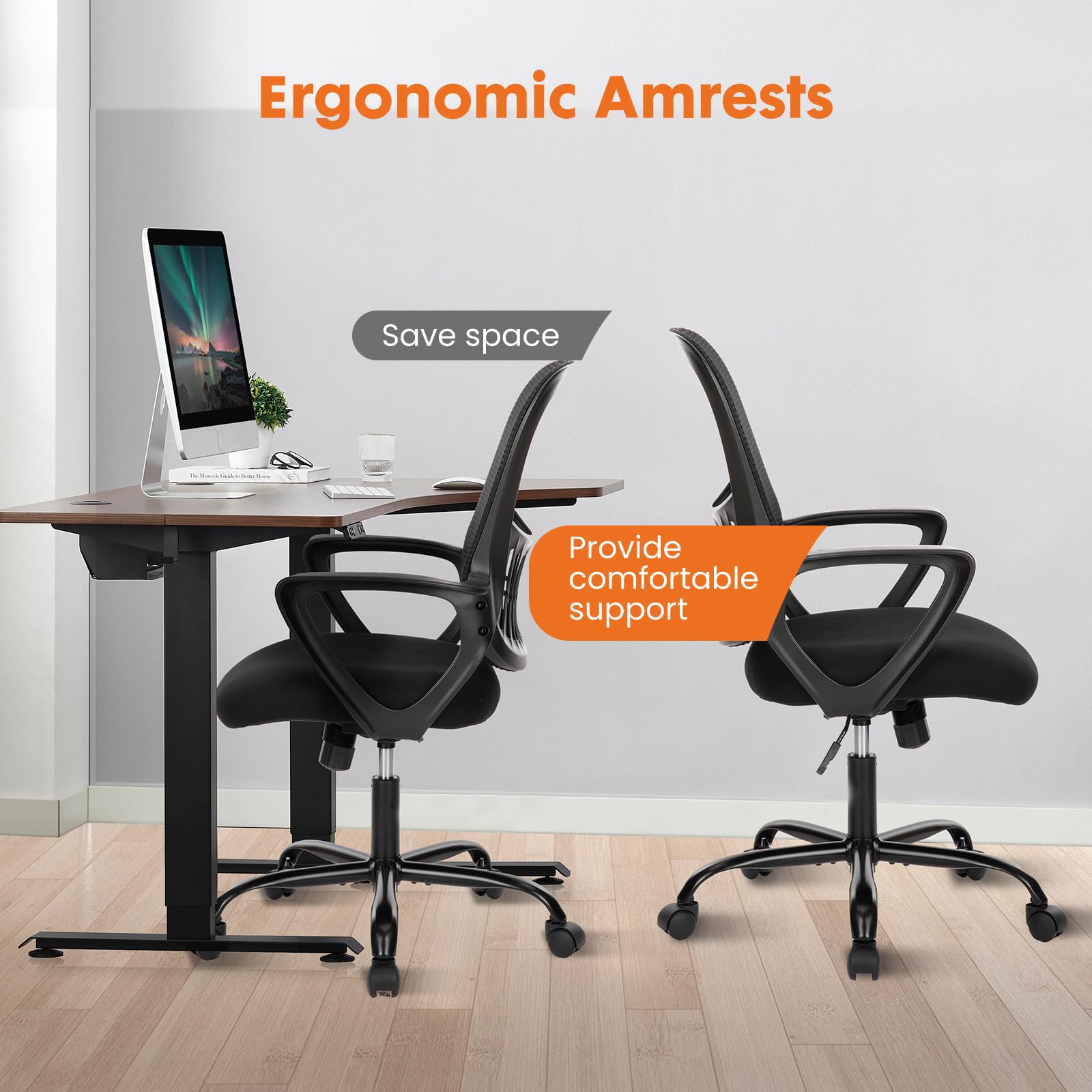 Sweetcrispy Office Computer Desk Managerial Executive Chair, Ergonomic Mid-Back Mesh Swivel Rolling Work with Wheels, Comfortable Lumbar Support, Comfy Arms for Home,Bedroom,Study,Student,Black