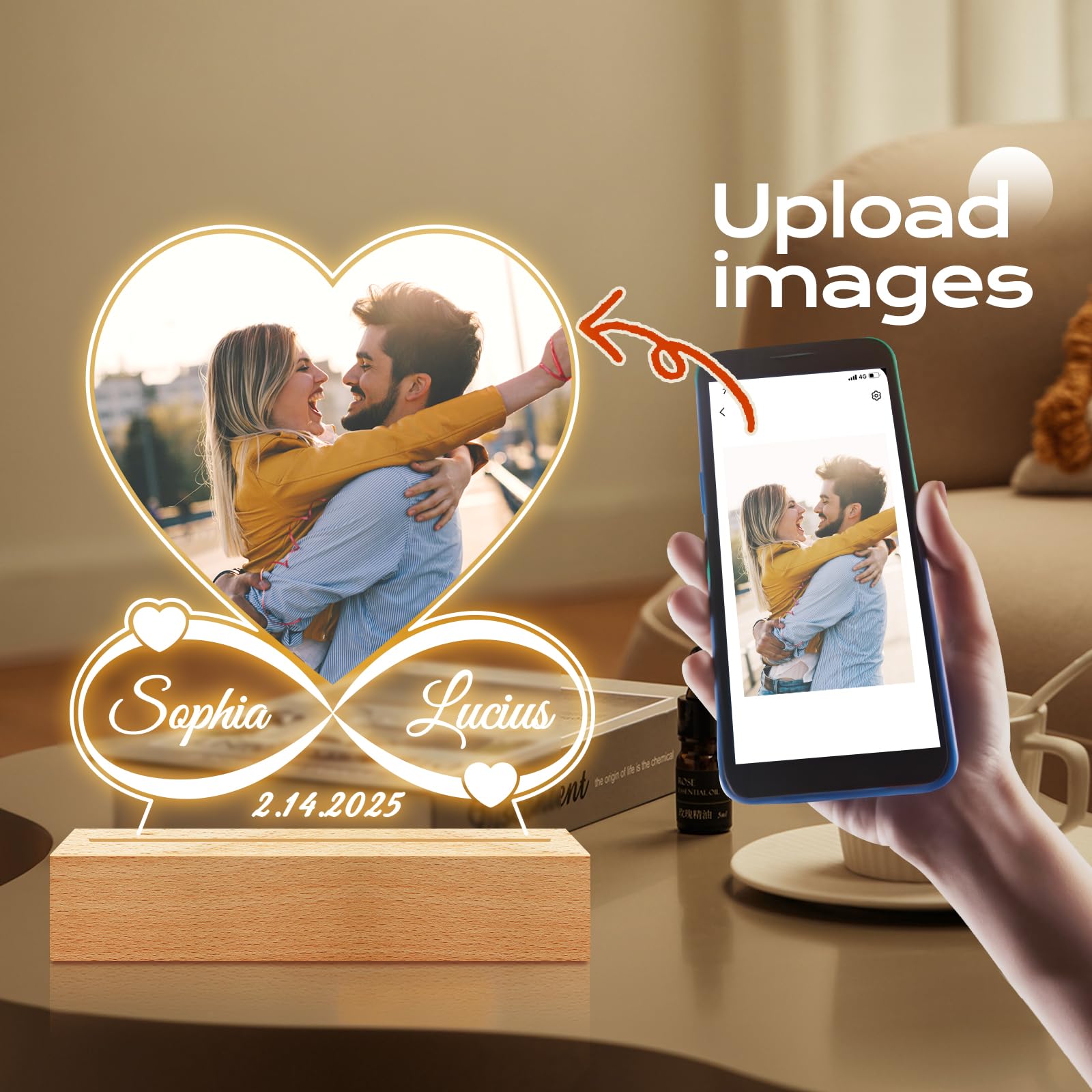 Custom Picture Frames with Photo, Personalized Photo Frame with Night Light, Customized Heart Picture Frame, Personalized Anniversary Valentines Day Gifts for Women Men Her Him Girlfriend Boyfriend